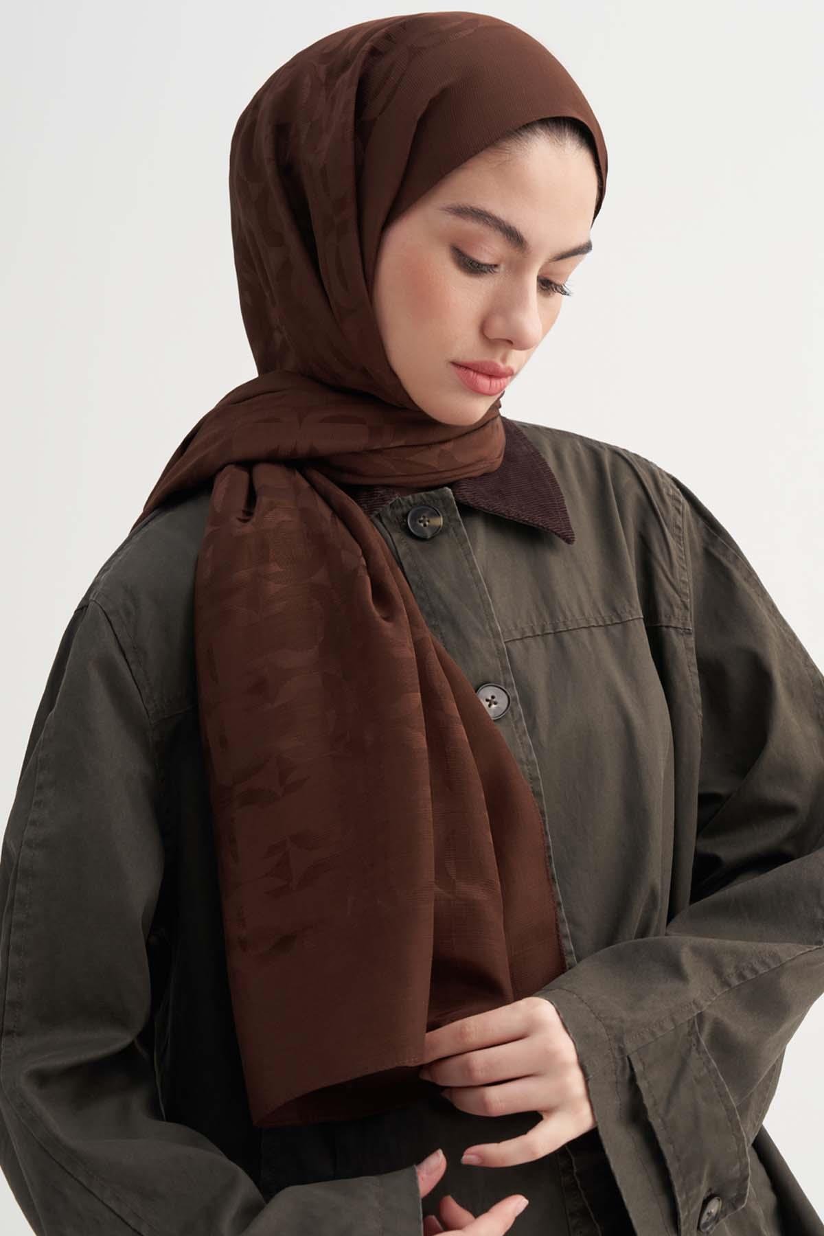 Blok Desen Rina Floş Jakar Şal Çikolata Kahve