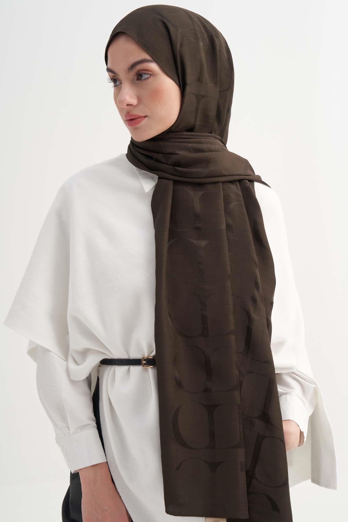 Monogram Desen Rina Floş Jakar Şal Acı Kahve