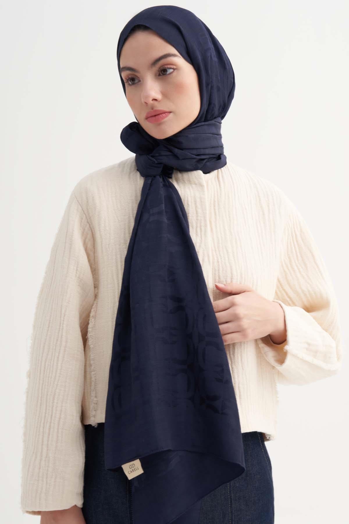 Blok Desen Rina Floş Jakar Şal Koyu Lacivert