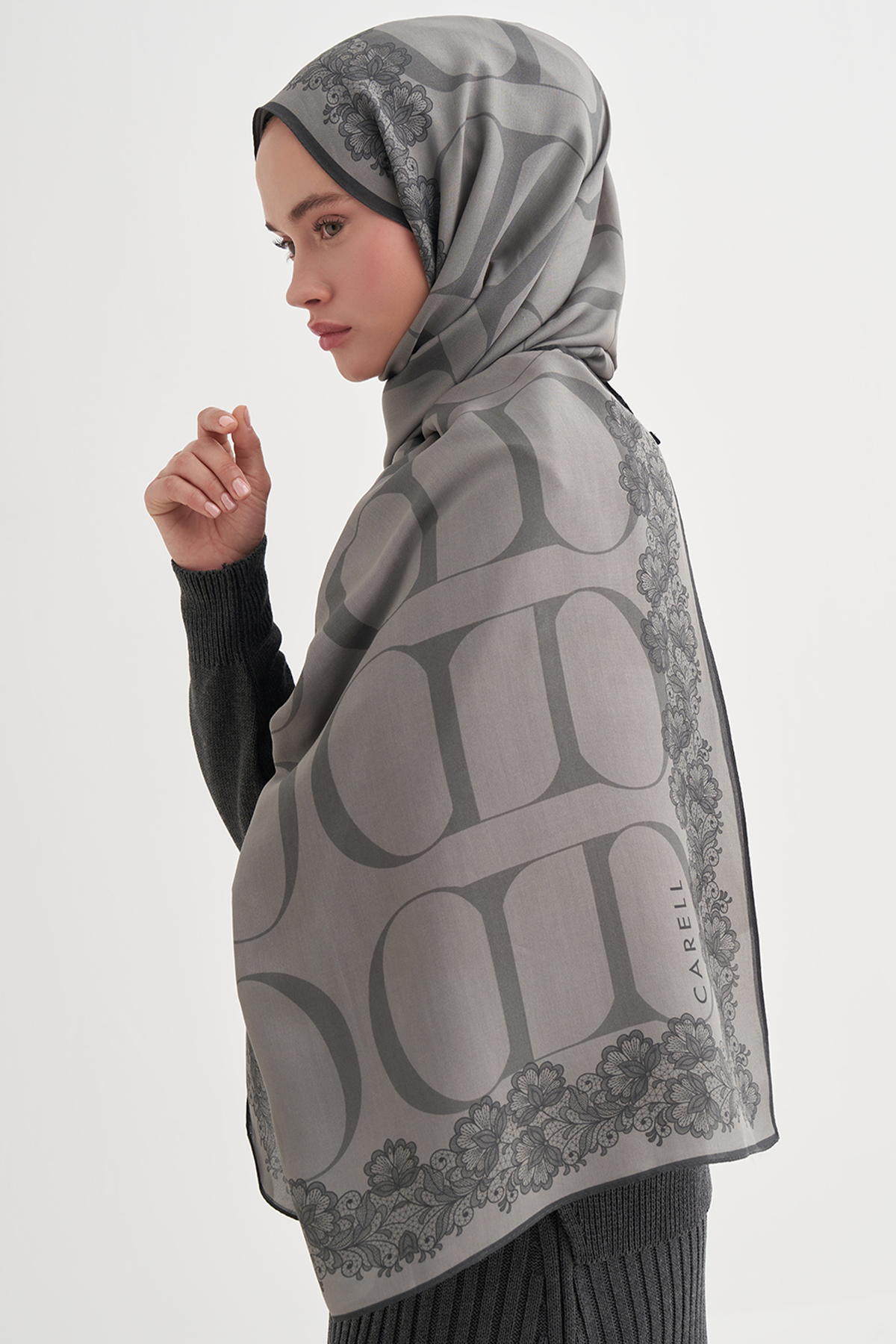 Floral Monogram Floş Şal Gri