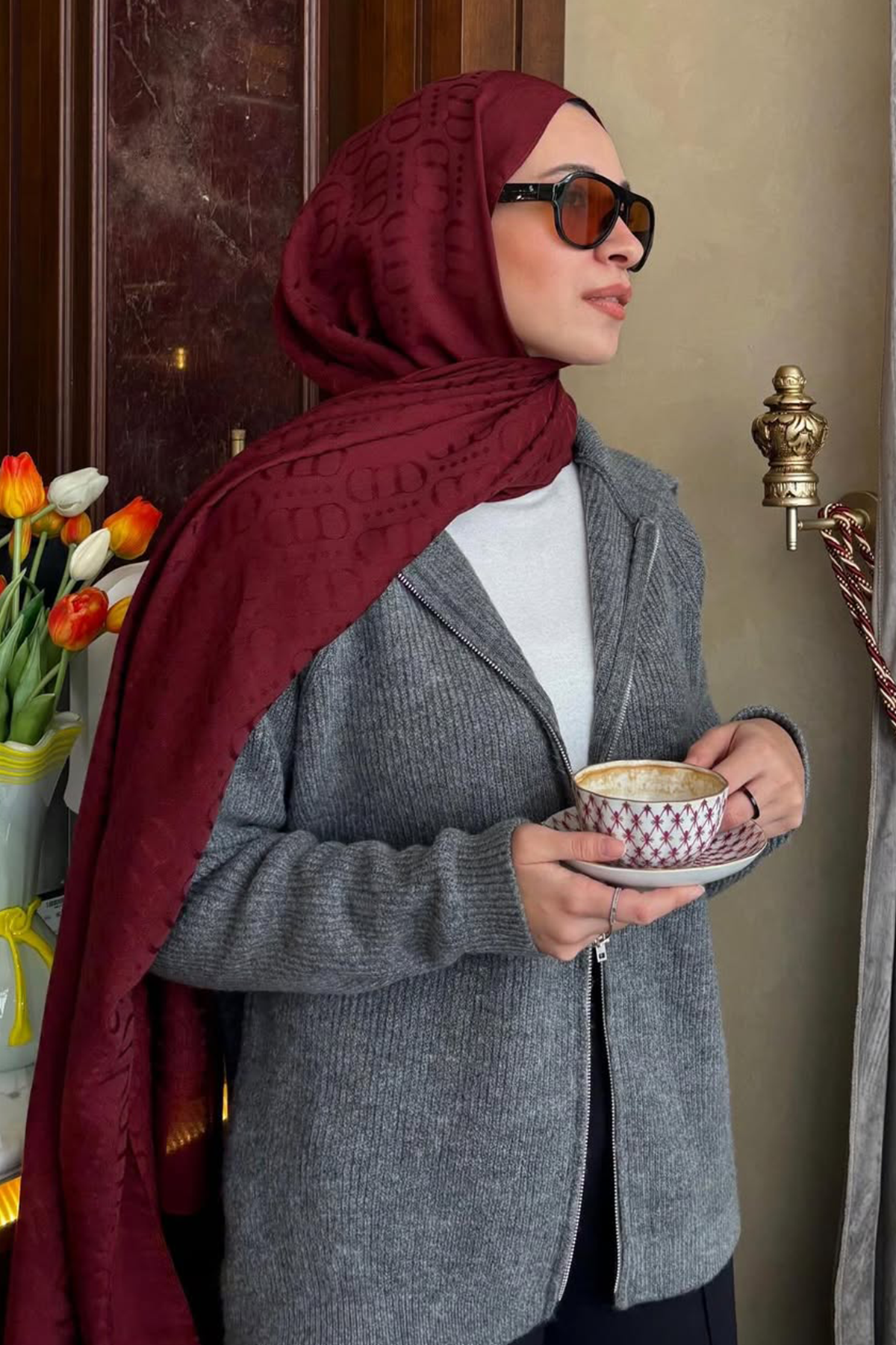 Rabia Yıldırım'ın Tercihi Luxe Desen Liora Pamuk Şal Bordo