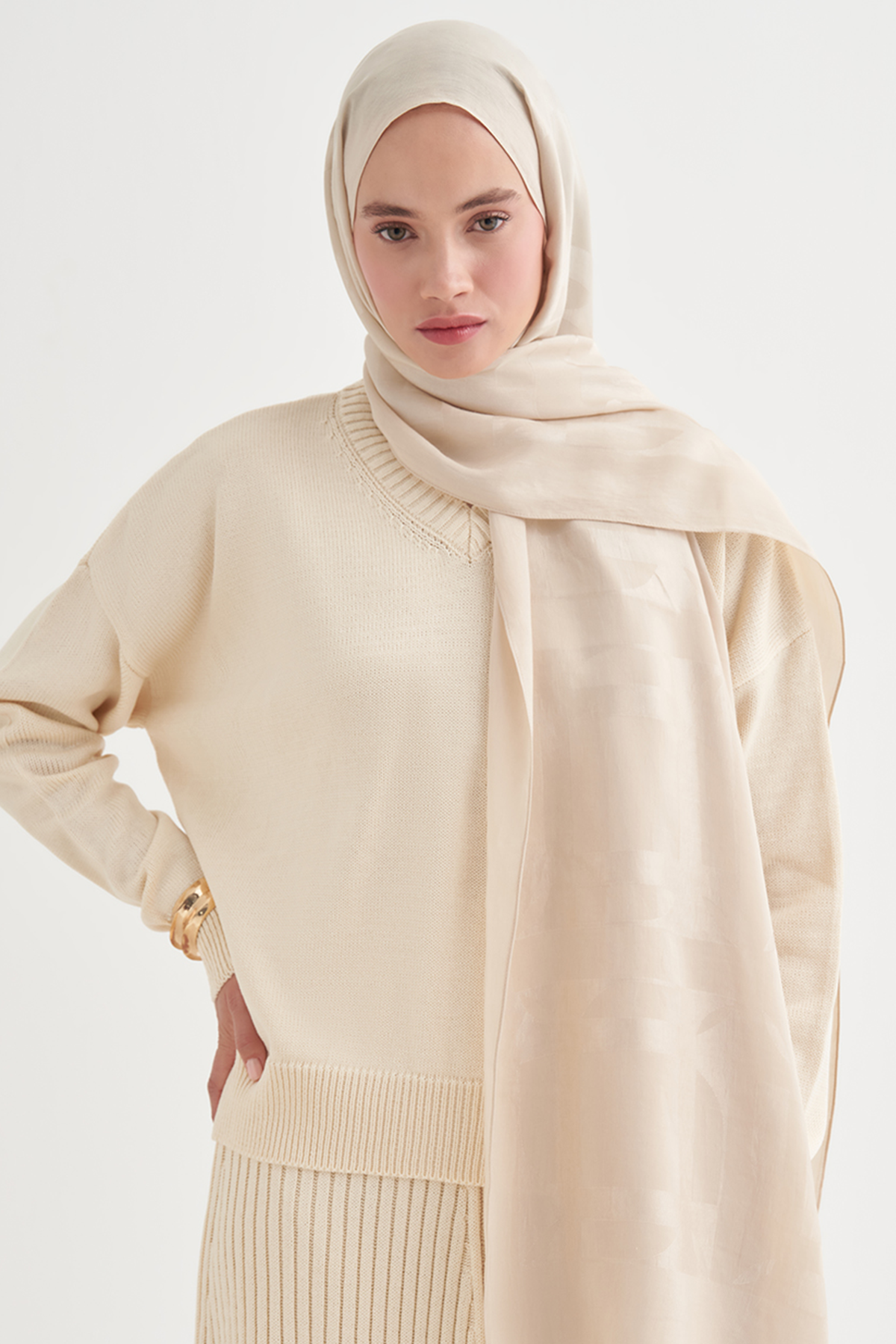 Geometrik Desen Liora Pamuk Şal Bej