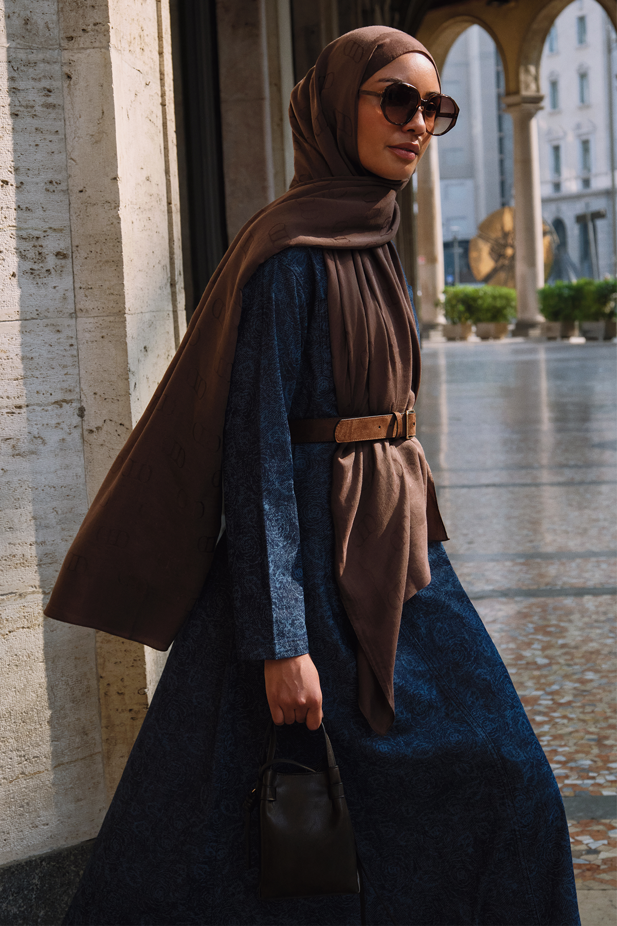 Liz Desenli Uzun Denim Elbise Koyu Mavi