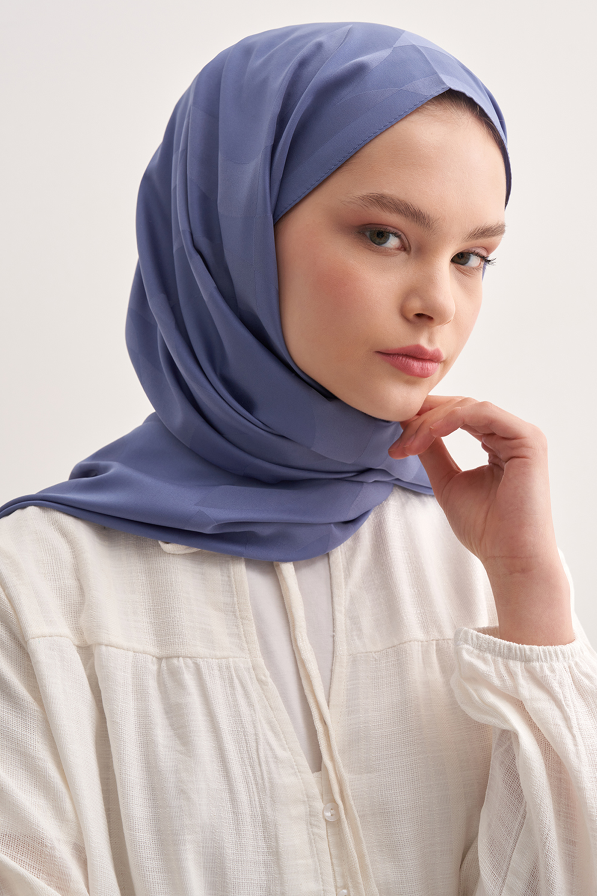 C Desen Monogram Pamuk İpek Şal Kot Mavi