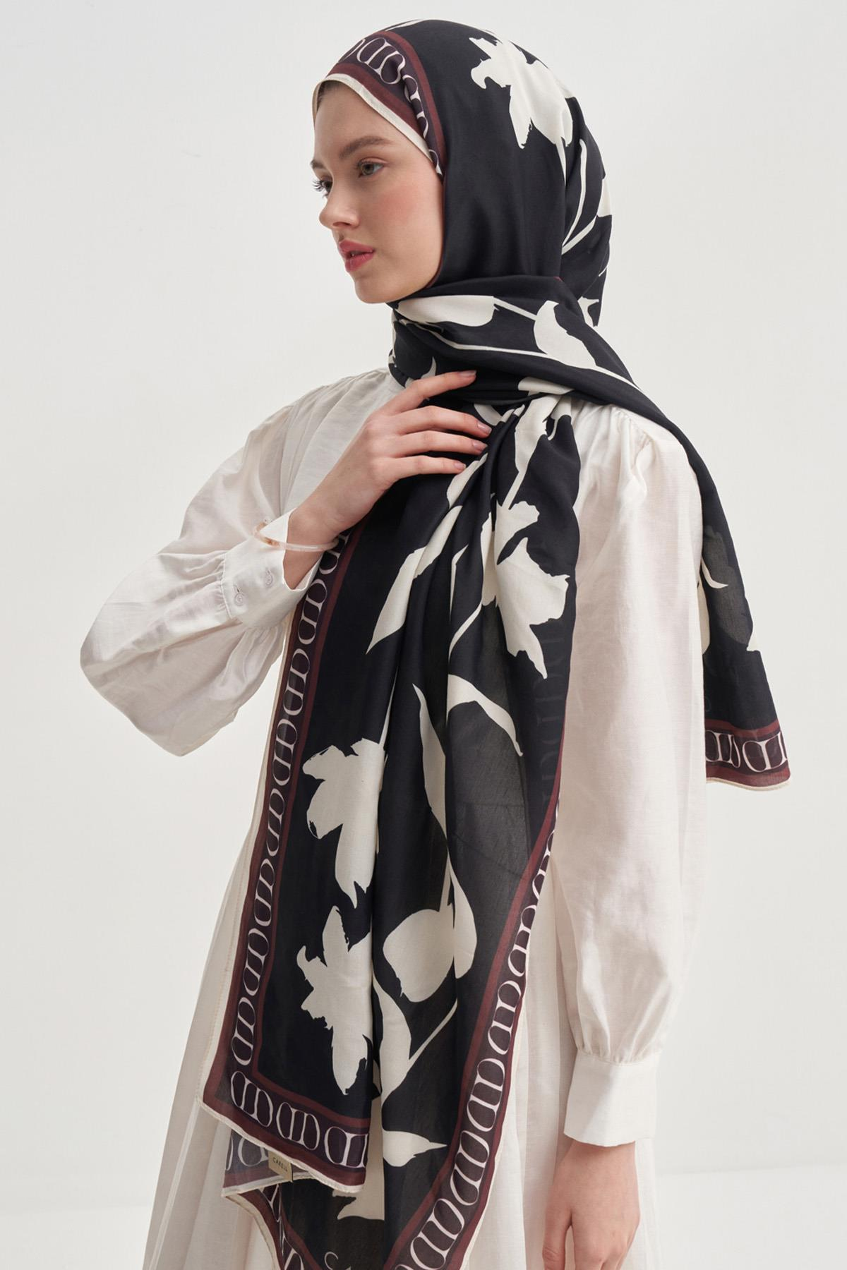 Azelina Siyah Monogram Floş Şal