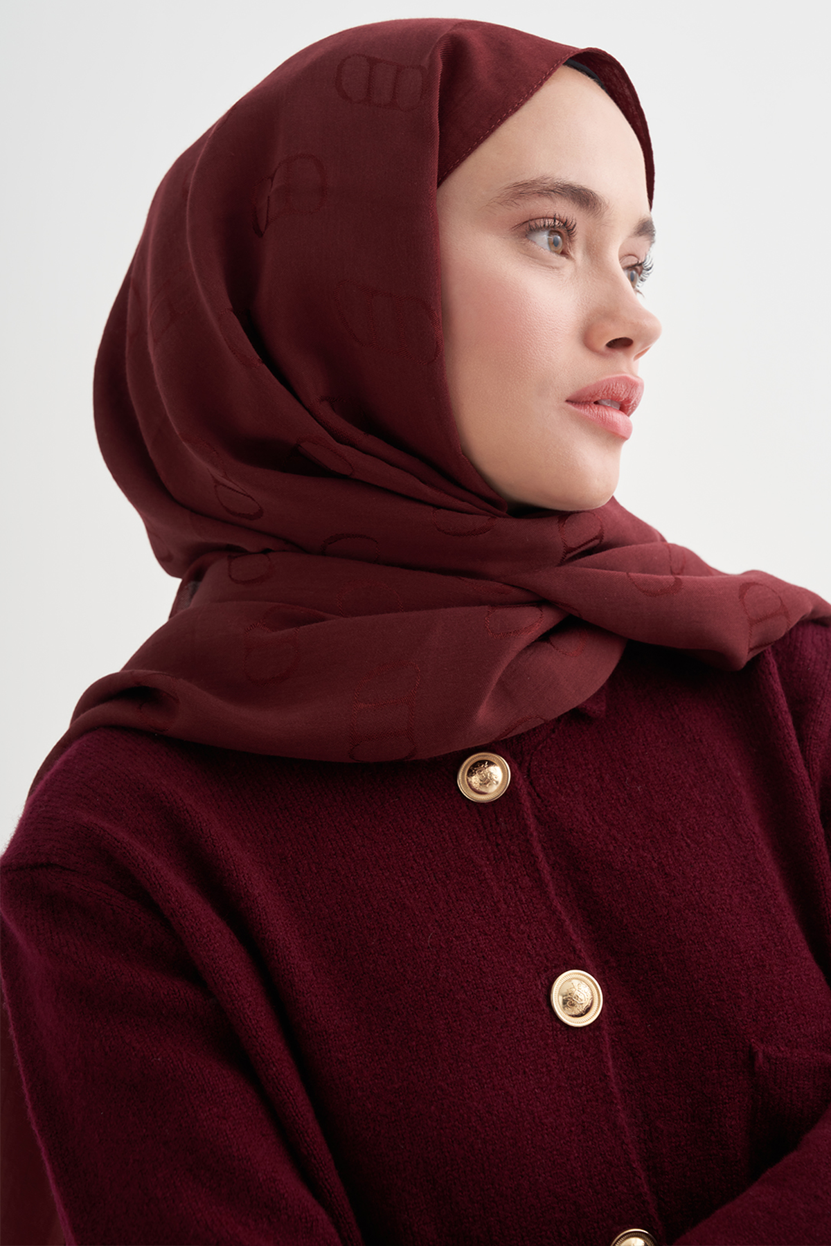 Monogram Desen Liora Pamuk Şal Bordo