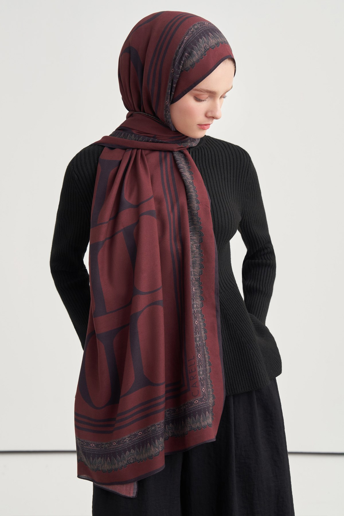 Monogram Desen Norena Yünlü Şal Mürdüm