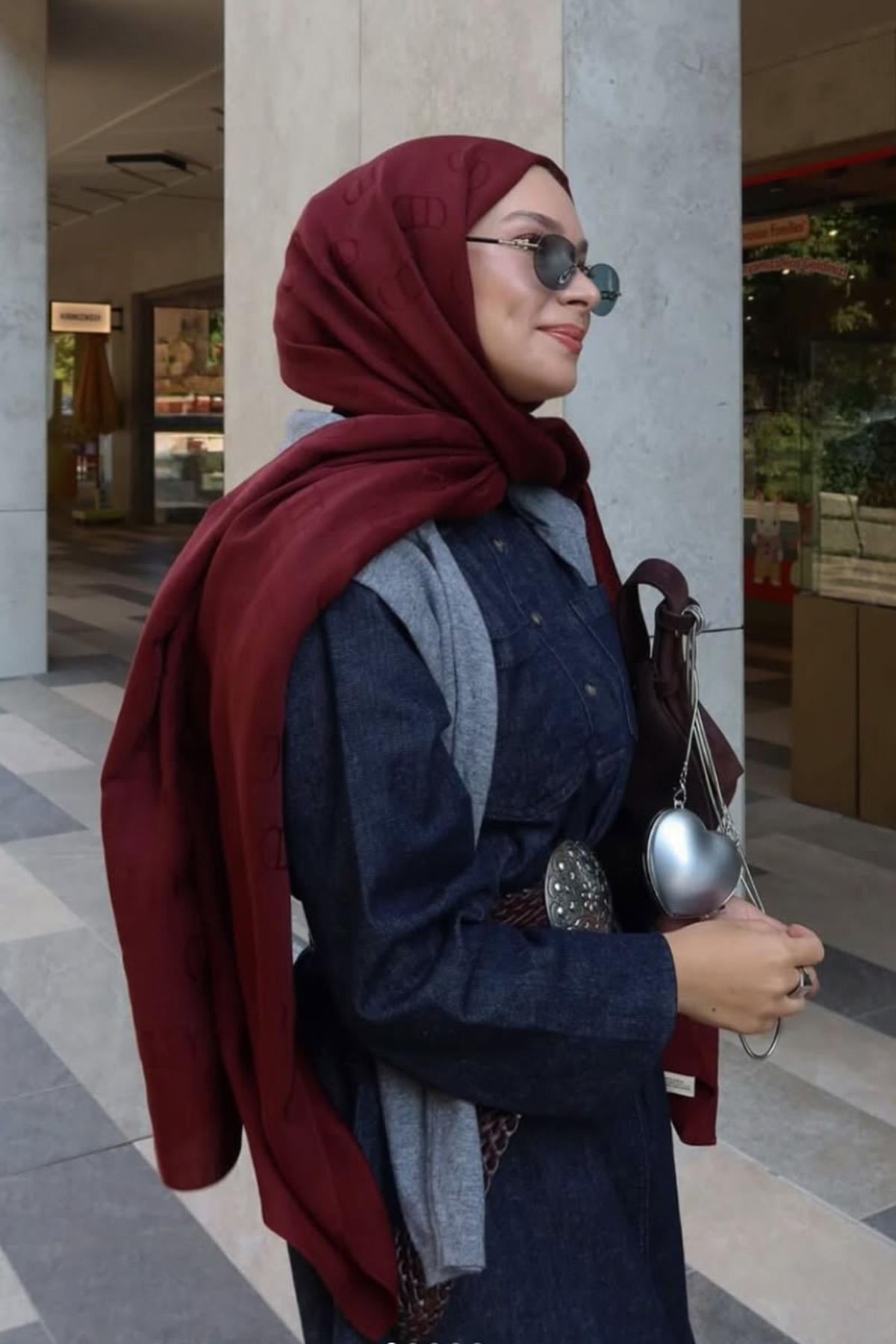 Şüheda'nın Tercihi Monogram Desen Liora Pamuk Şal Bordo