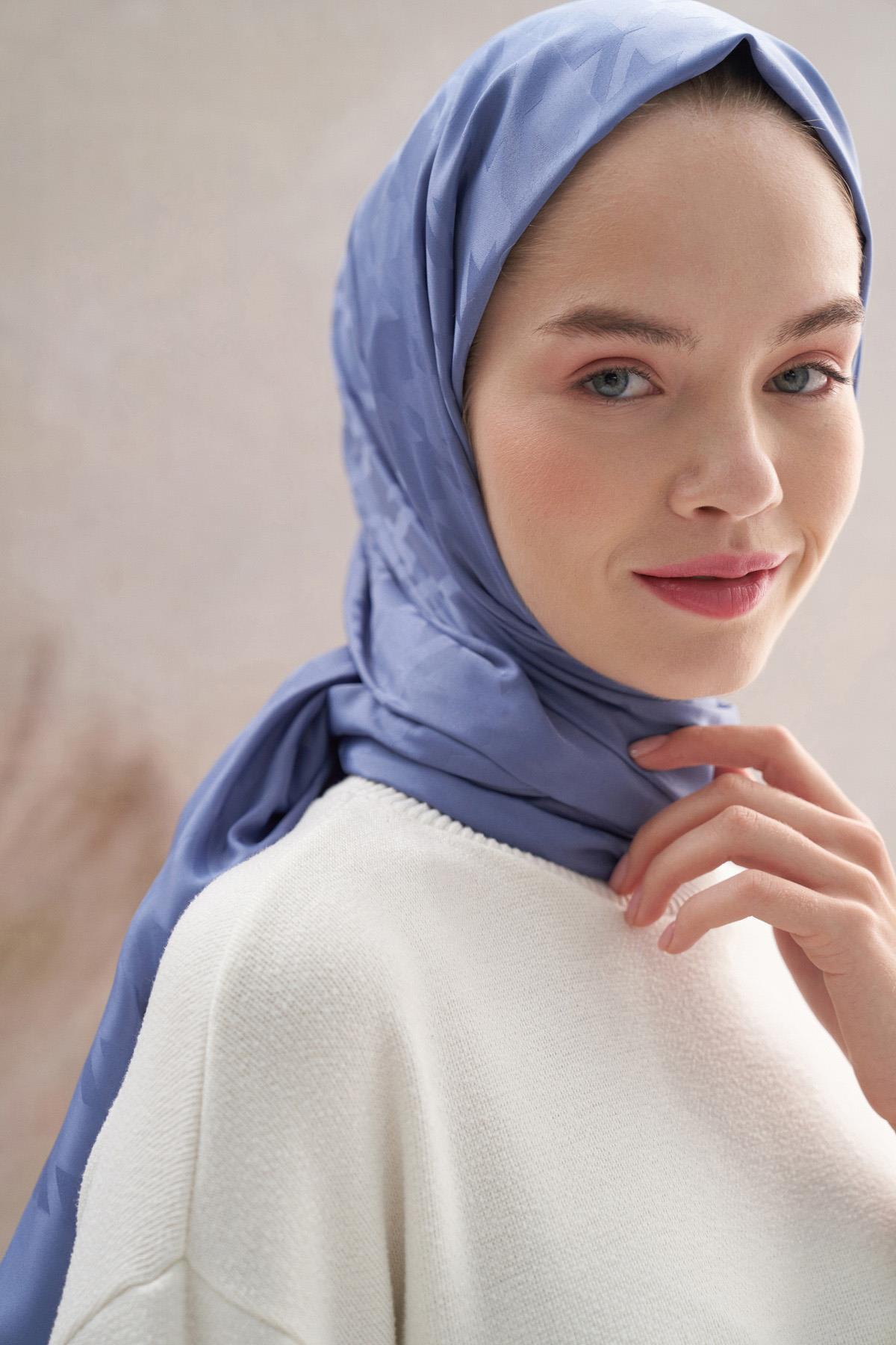 Kazayağı Desen Pamuk İpek Şal Kot Mavi