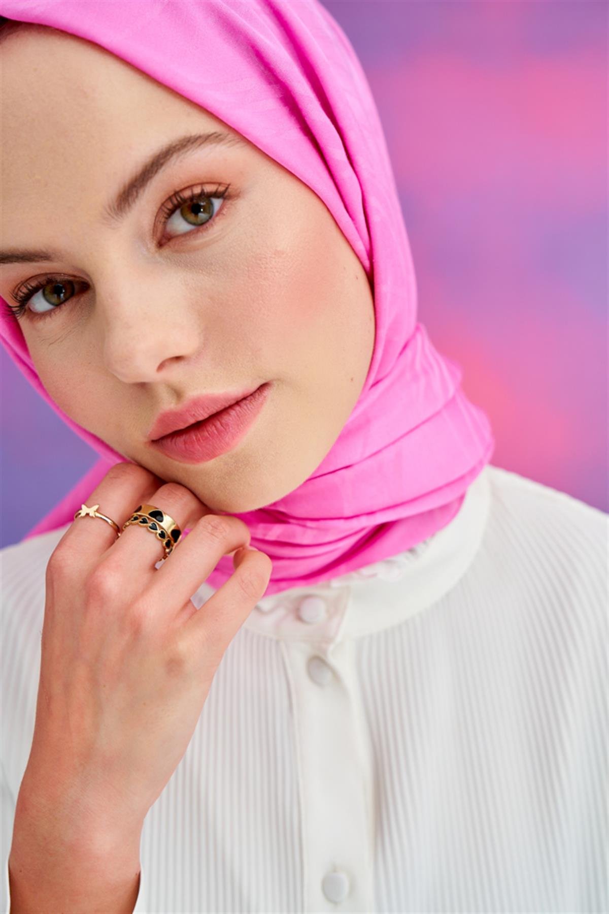 Simetrik Jakar  İtalyan İpekli Şal Pembe