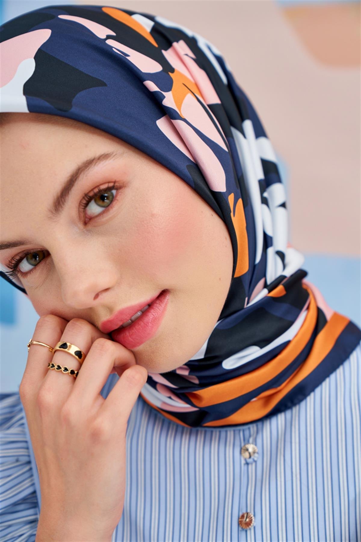 Twill Eşarp Mini Flowers Desen Lacivert