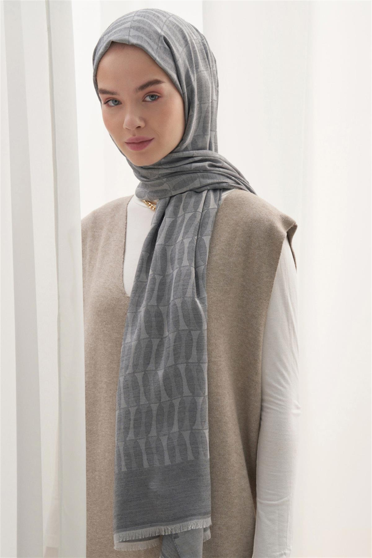 Vence Çift Taraflı Mio Desen İpek Şal Gri