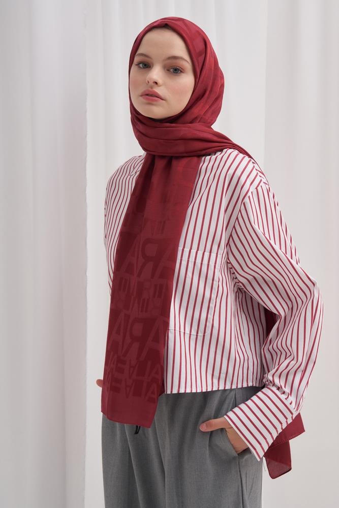 Yazı Desen Jakar İtalyan İpekli Şal Bordo