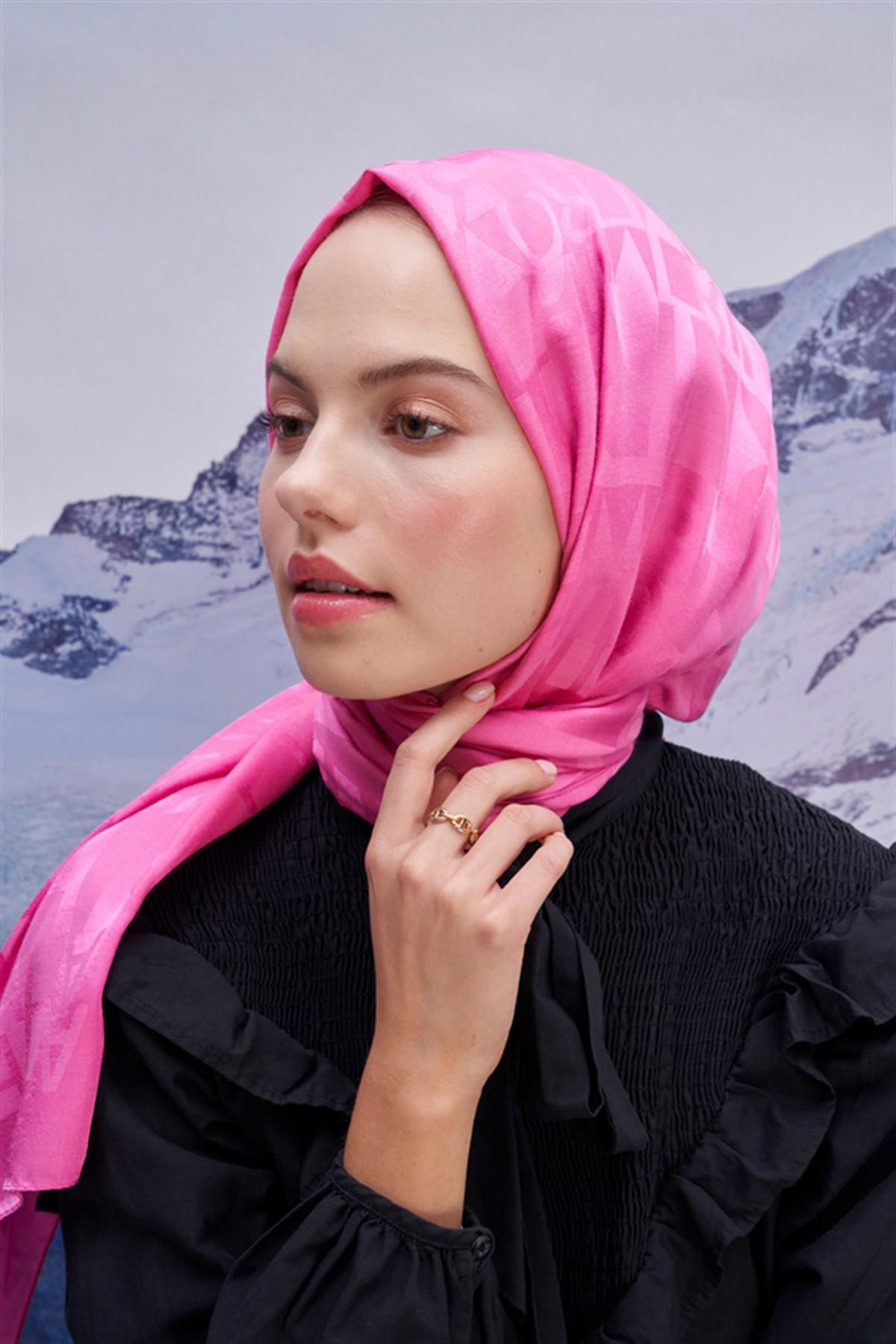 Yazı Desen Jakar İtalyan İpekli Şal Koyu Pembe