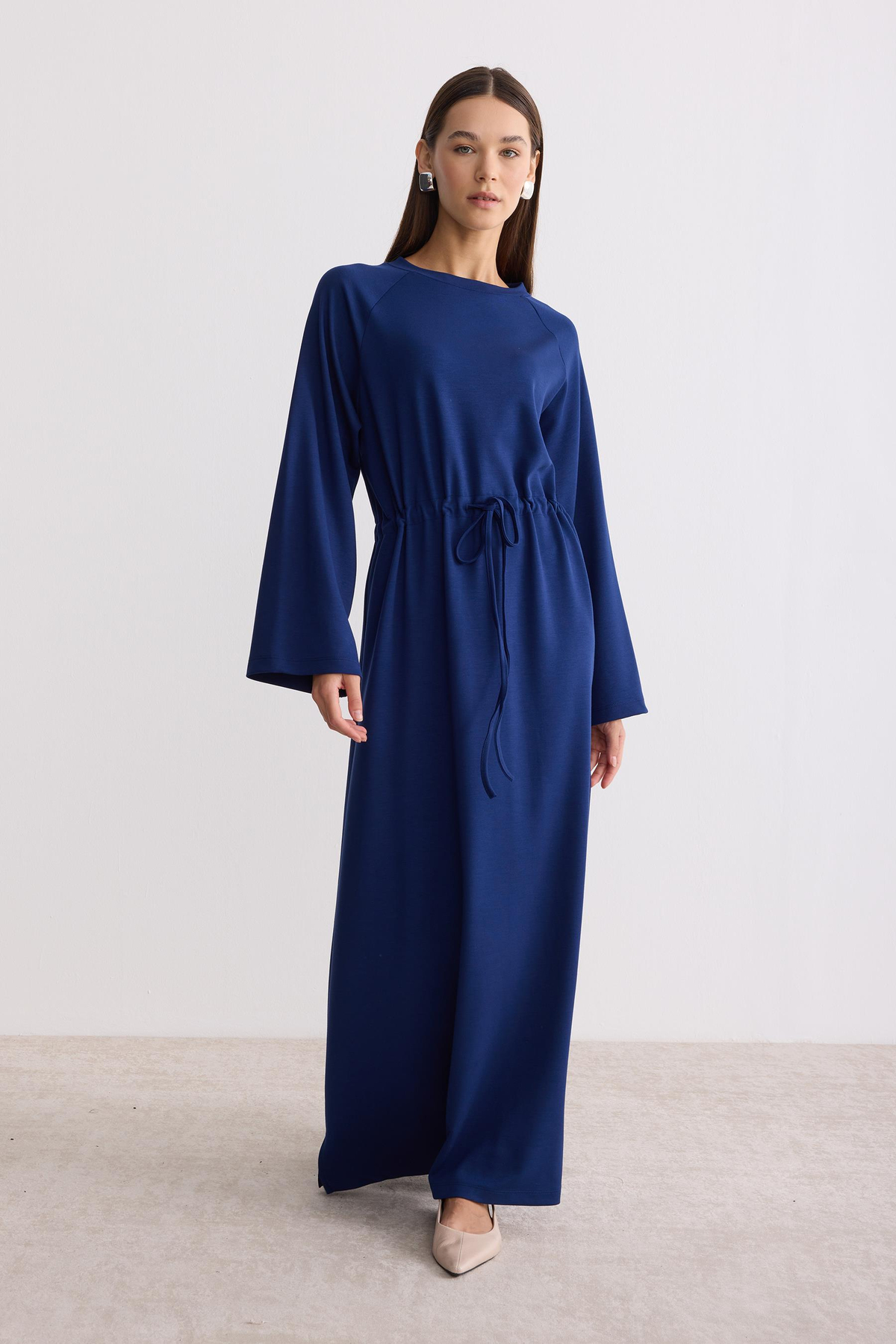 Belden Büzgü Bağlamalı Oversize Elbise Saks Mavi