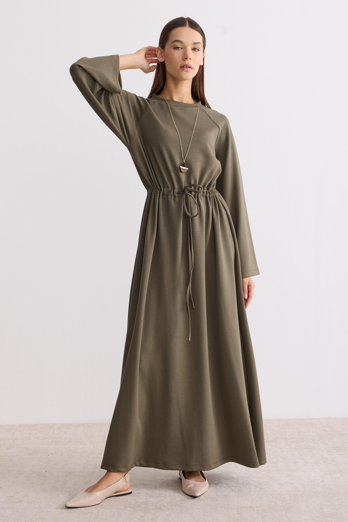 Belden Büzgü Bağlamalı Oversize Elbise Yeşil