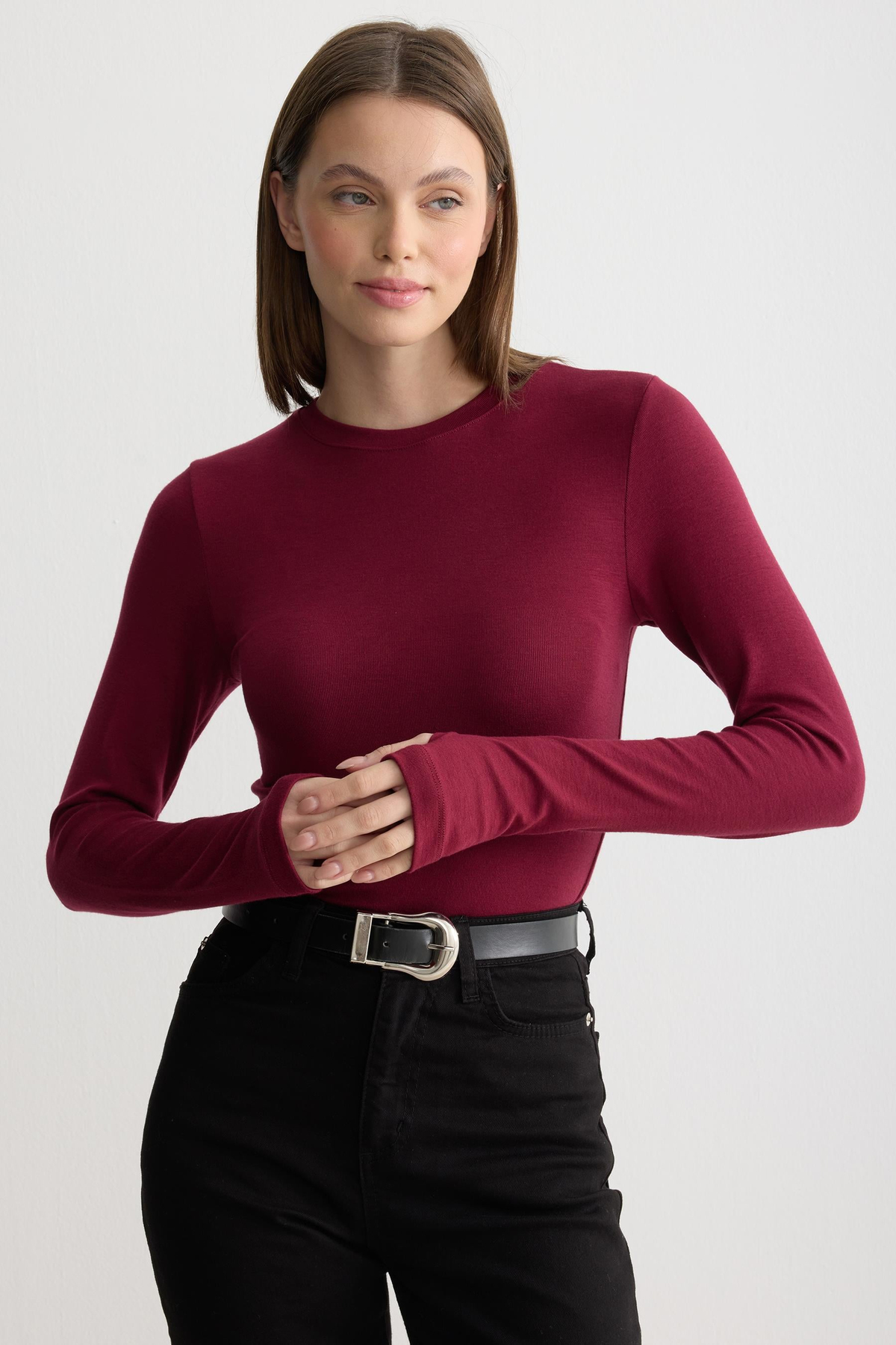 Bisiklet Yaka Parmak Geçmeli Body Bordo