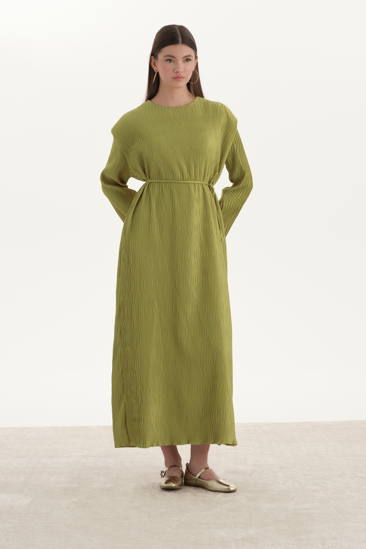 Dokulu Saten Elbise Olive