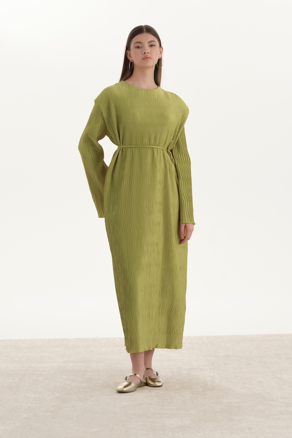 Dokulu Saten Elbise Olive