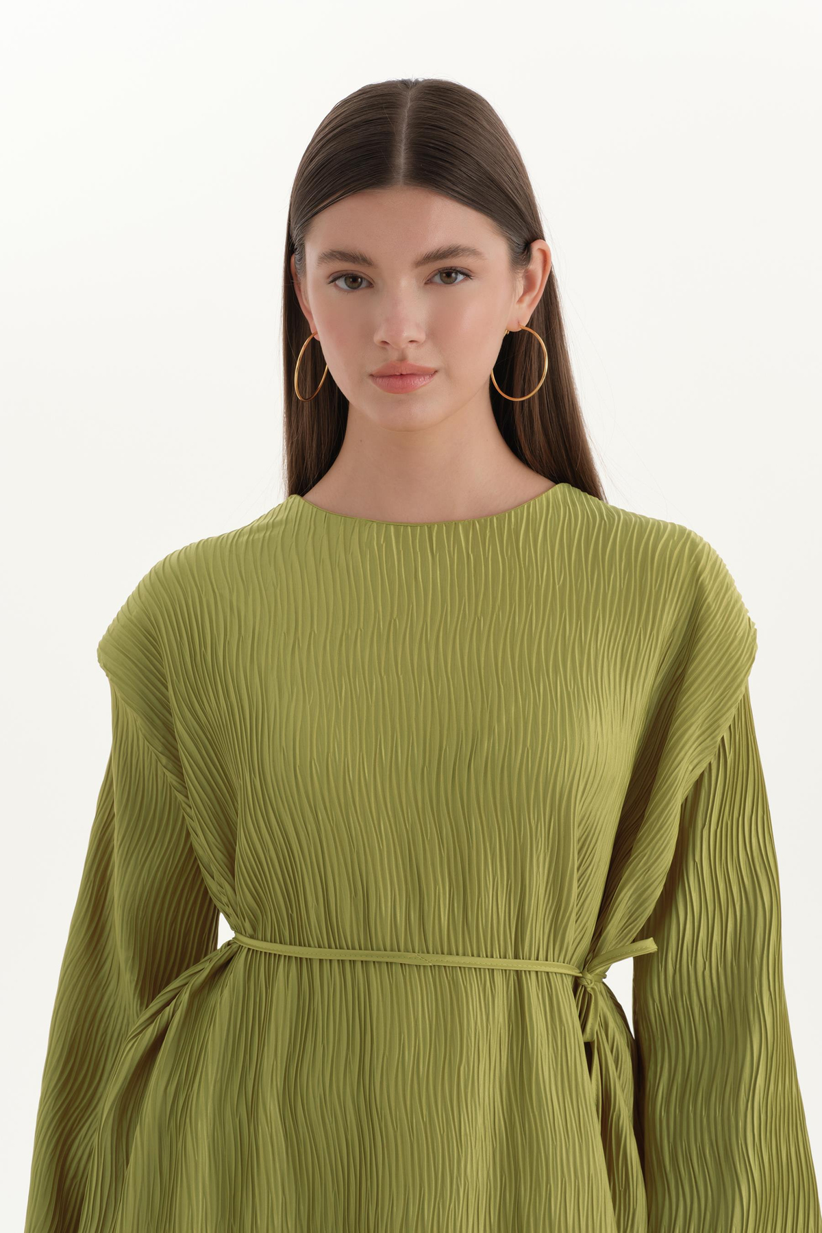 Dokulu Saten Elbise Olive