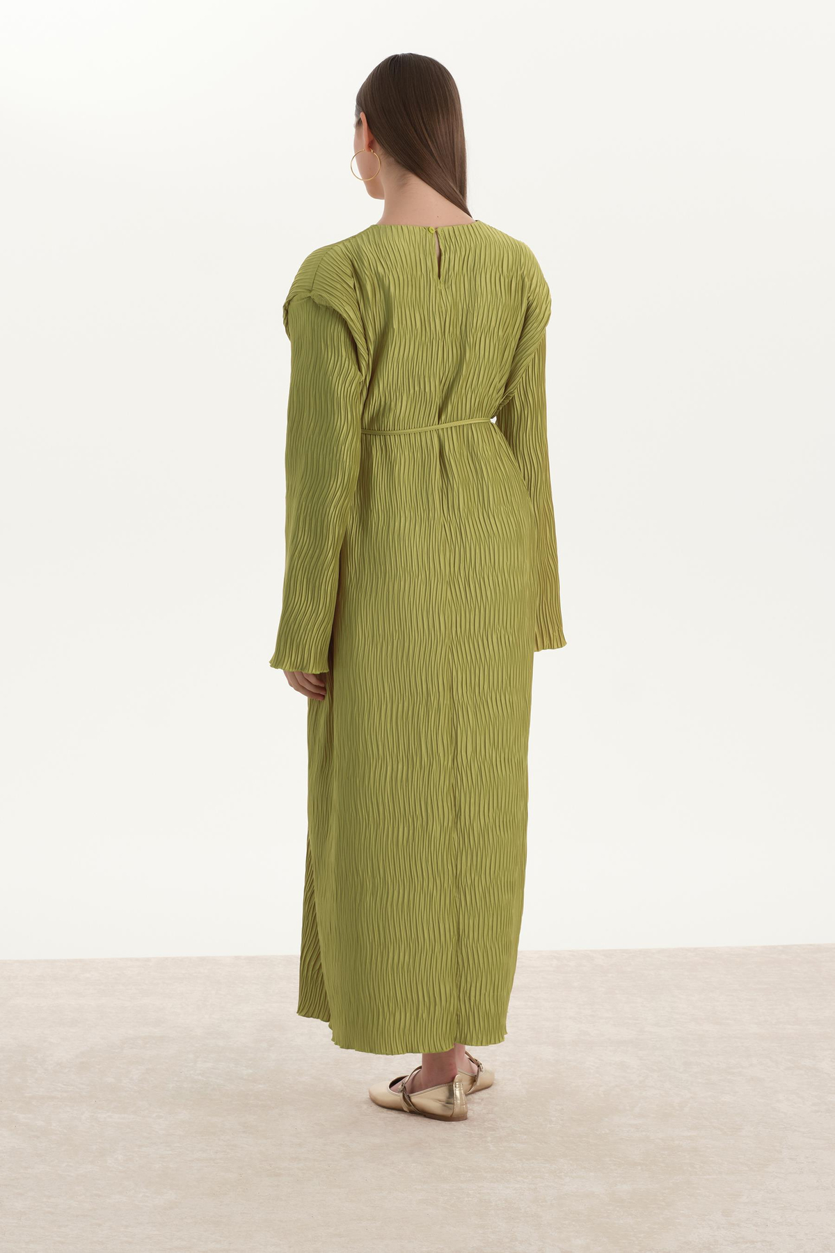 Dokulu Saten Elbise Olive