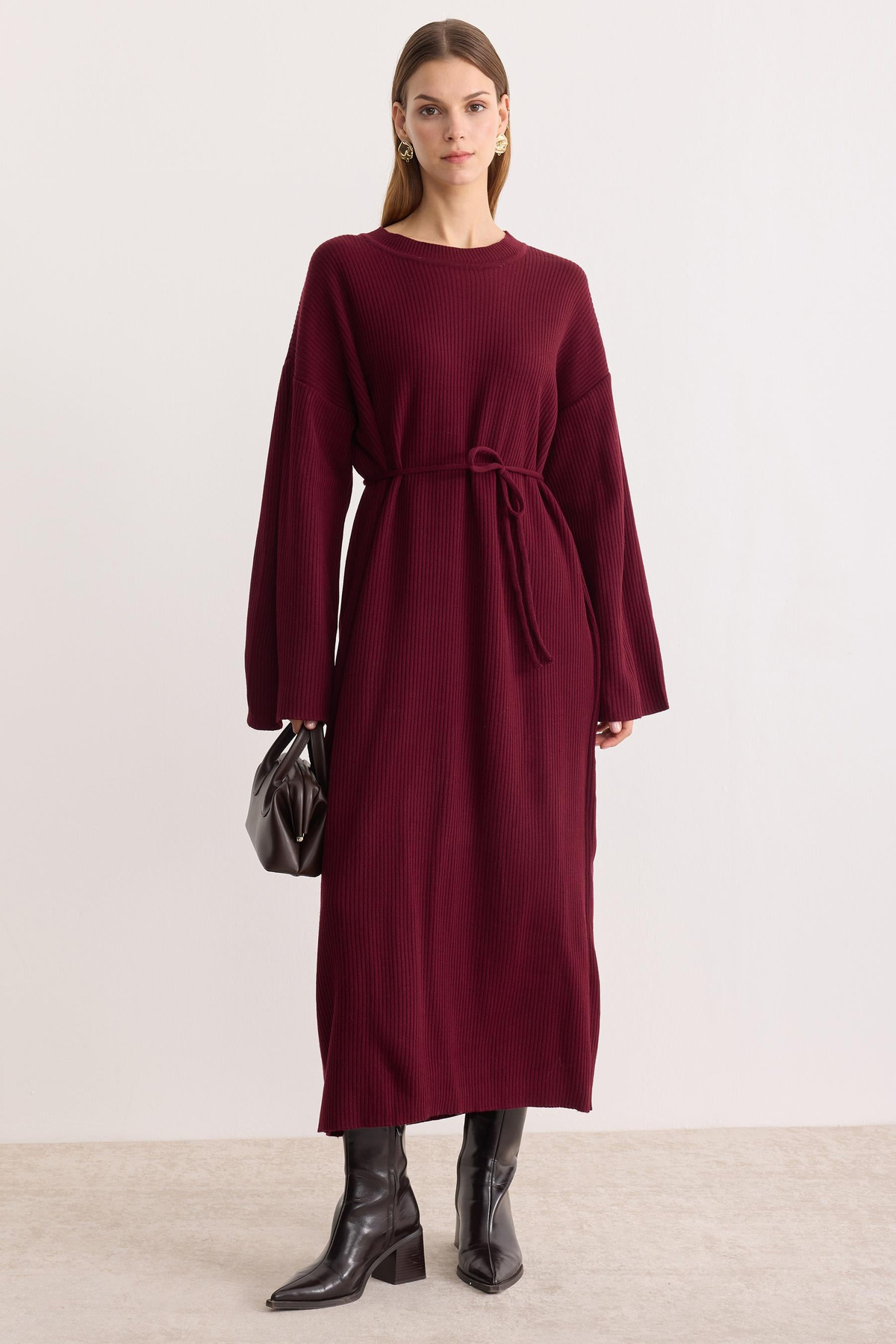 Kuşaklı Oversize Triko Elbise Bordo