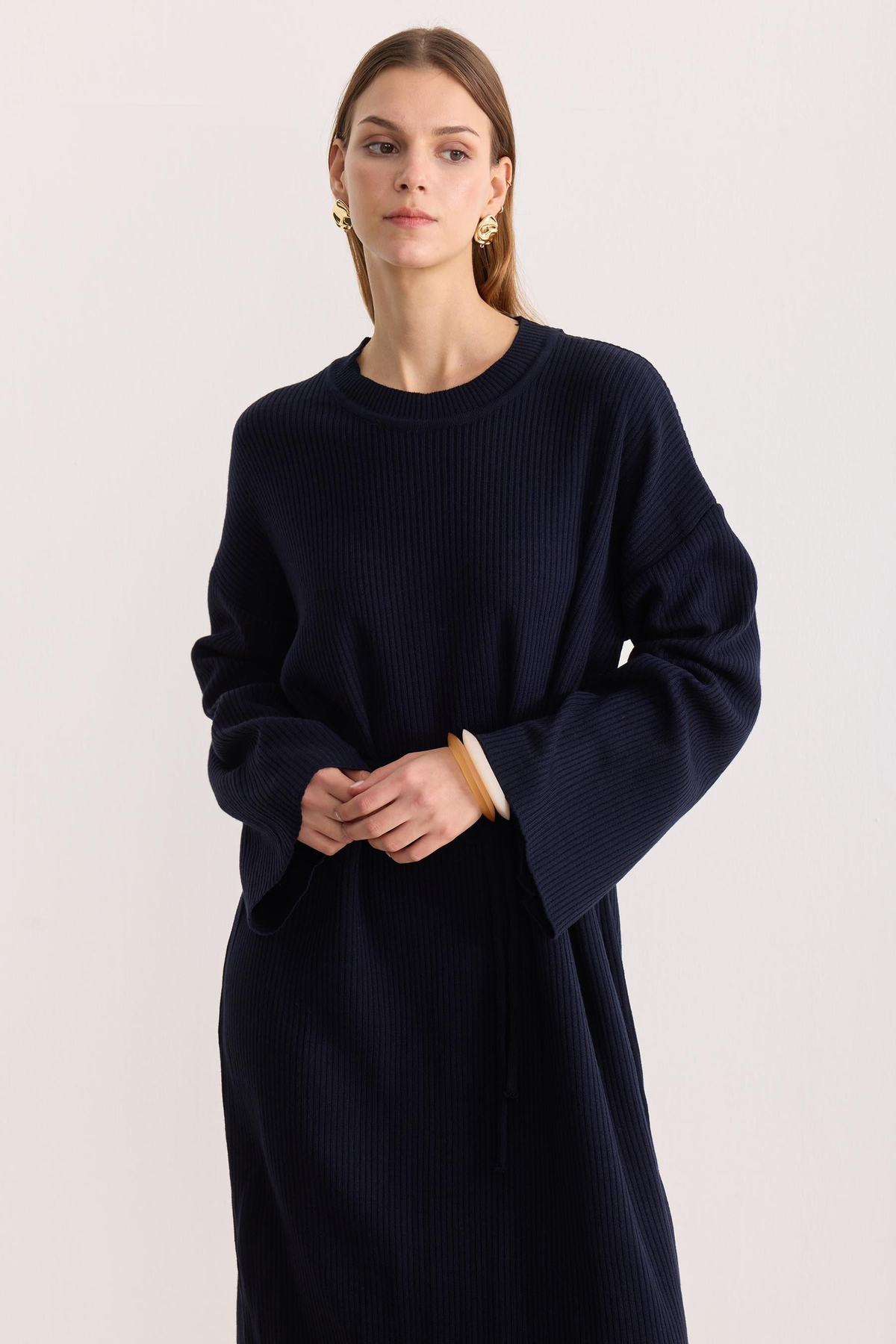 Kuşaklı Oversize Triko Elbise Lacivert
