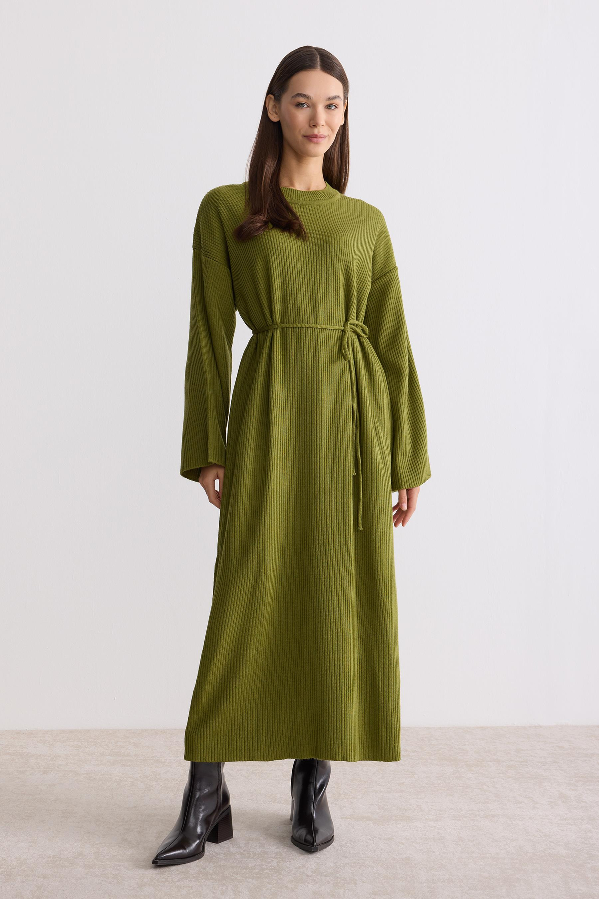 Kuşaklı Oversize Triko Elbise Yağ Yeşili