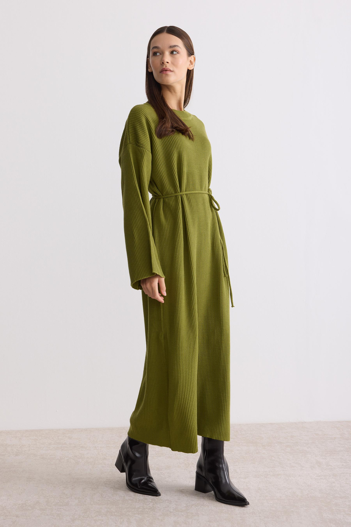 Kuşaklı Oversize Triko Elbise Yağ Yeşili