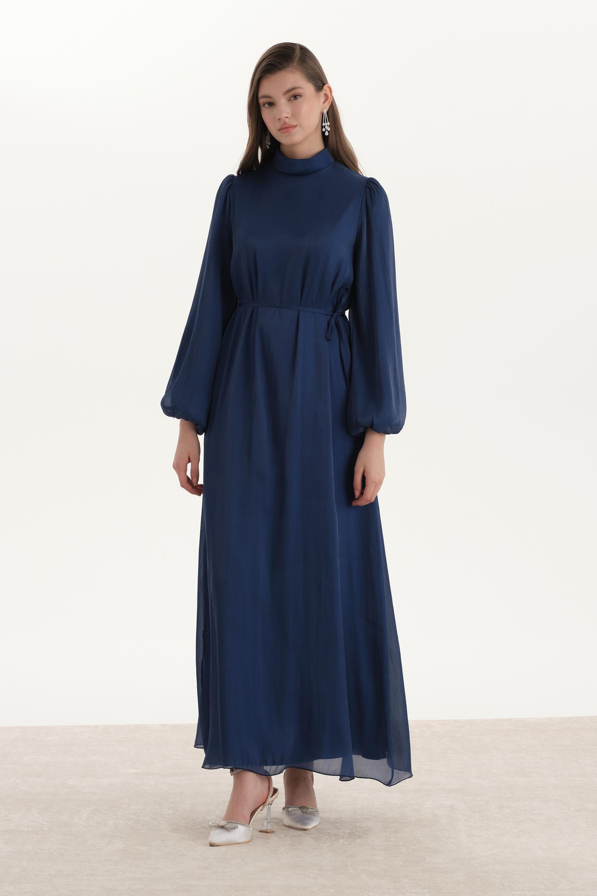 Organze Saten Kalem Elbise Lacivert