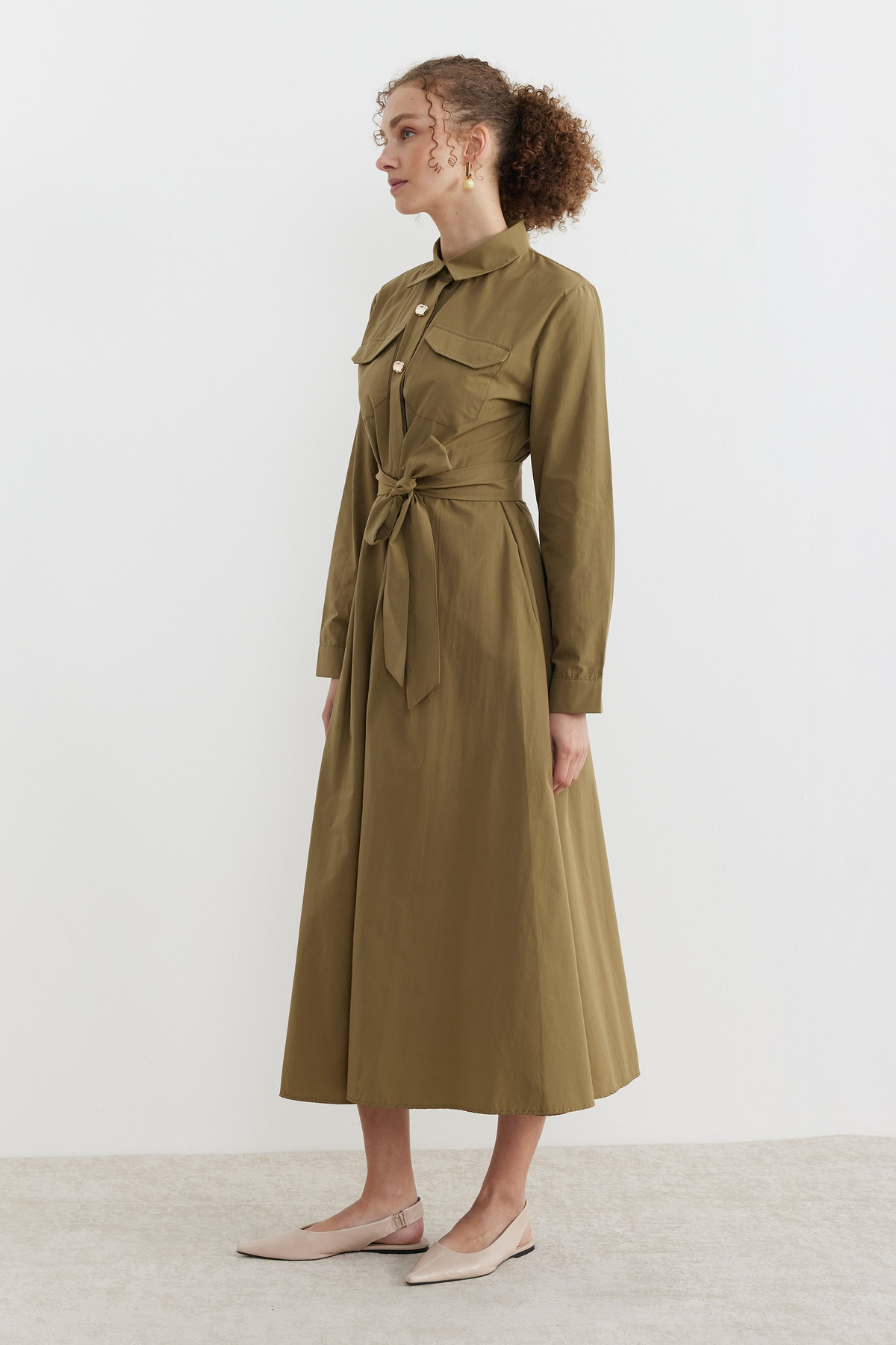 Poplin Kumaş Düğme Detaylı Gömlek Elbise Olive
