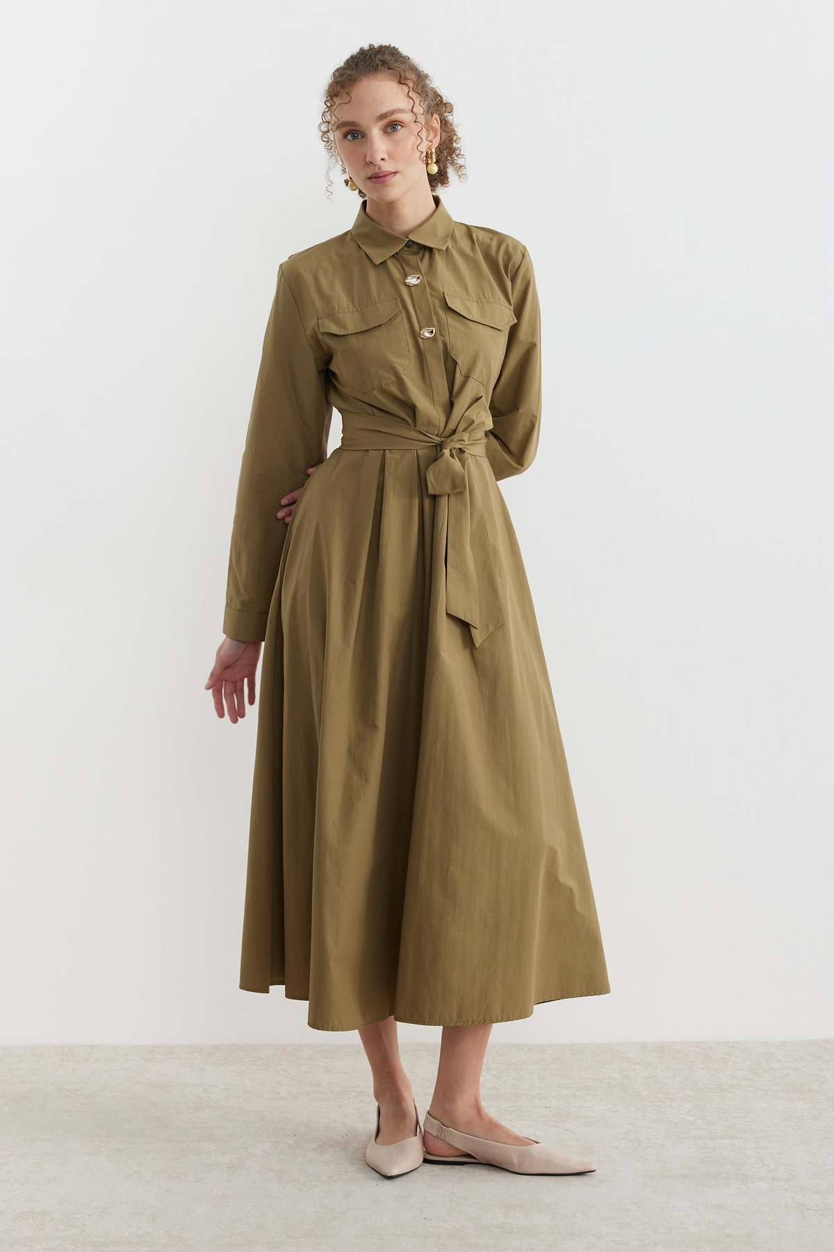 Poplin Kumaş Düğme Detaylı Gömlek Elbise Olive