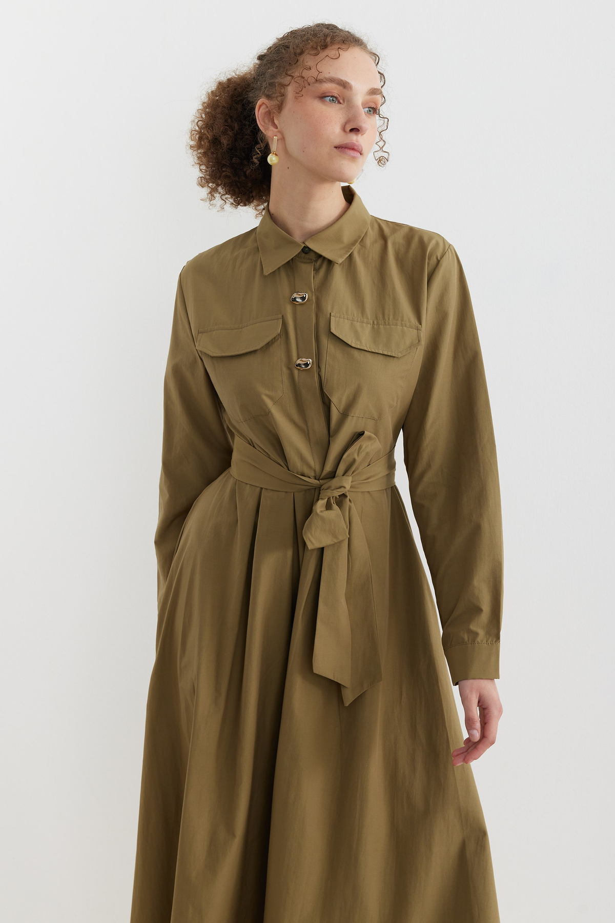 Poplin Kumaş Düğme Detaylı Gömlek Elbise Olive