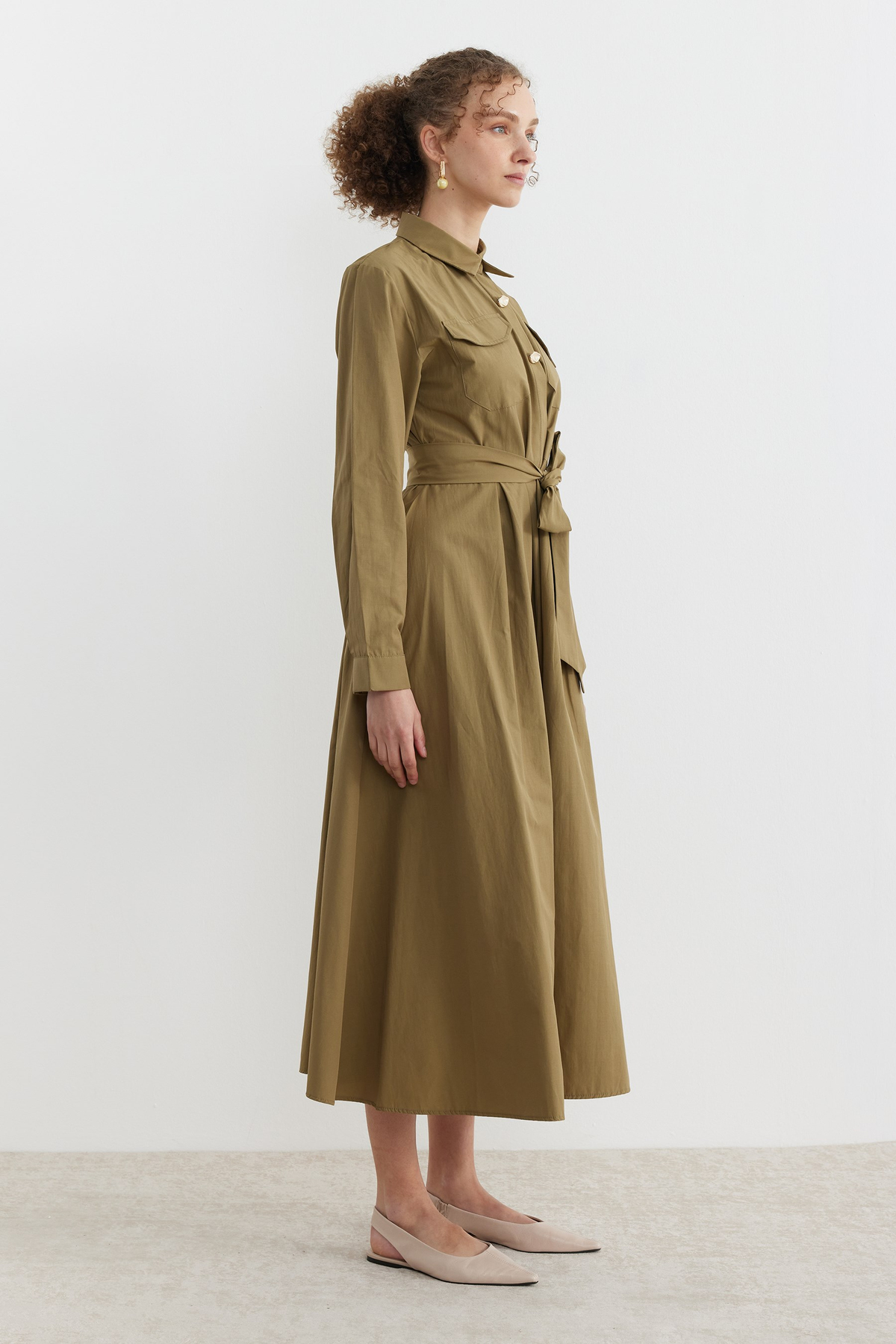 Poplin Kumaş Düğme Detaylı Gömlek Elbise Olive