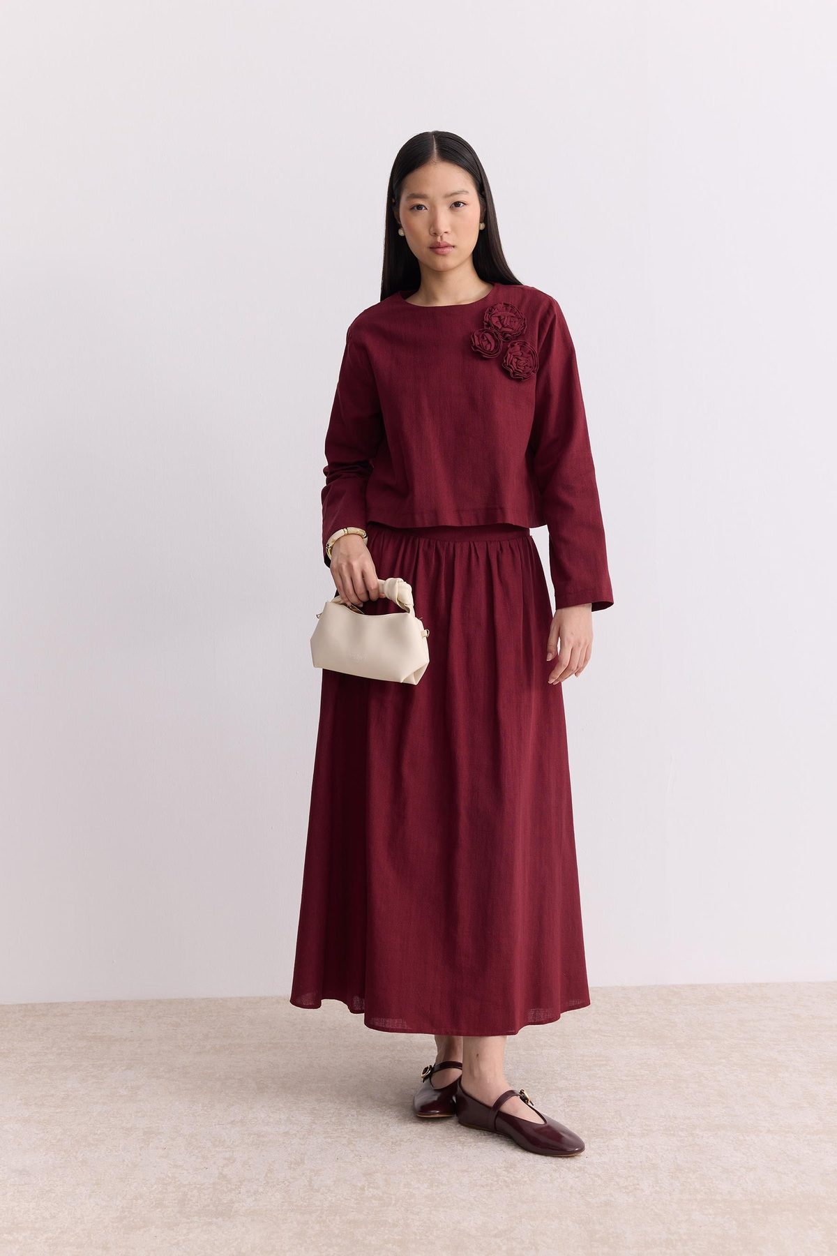 Rose Keten Etekli Takım Bordo