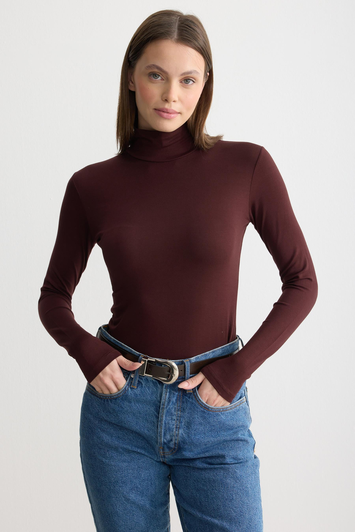 Uzun Kollu Balıkçı Yaka Penye Body Acı Kahverengi