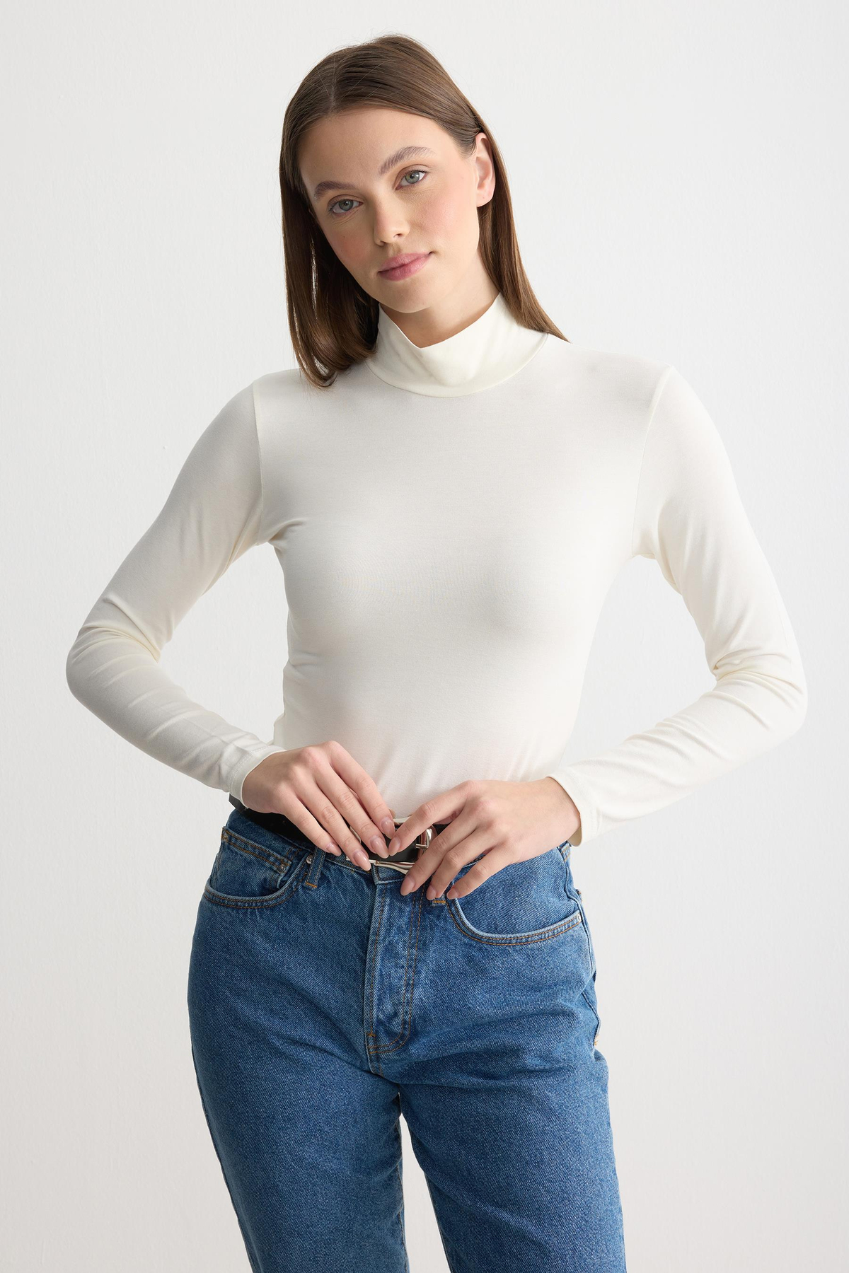 Uzun Kollu Balıkçı Yaka Penye Body Ekru