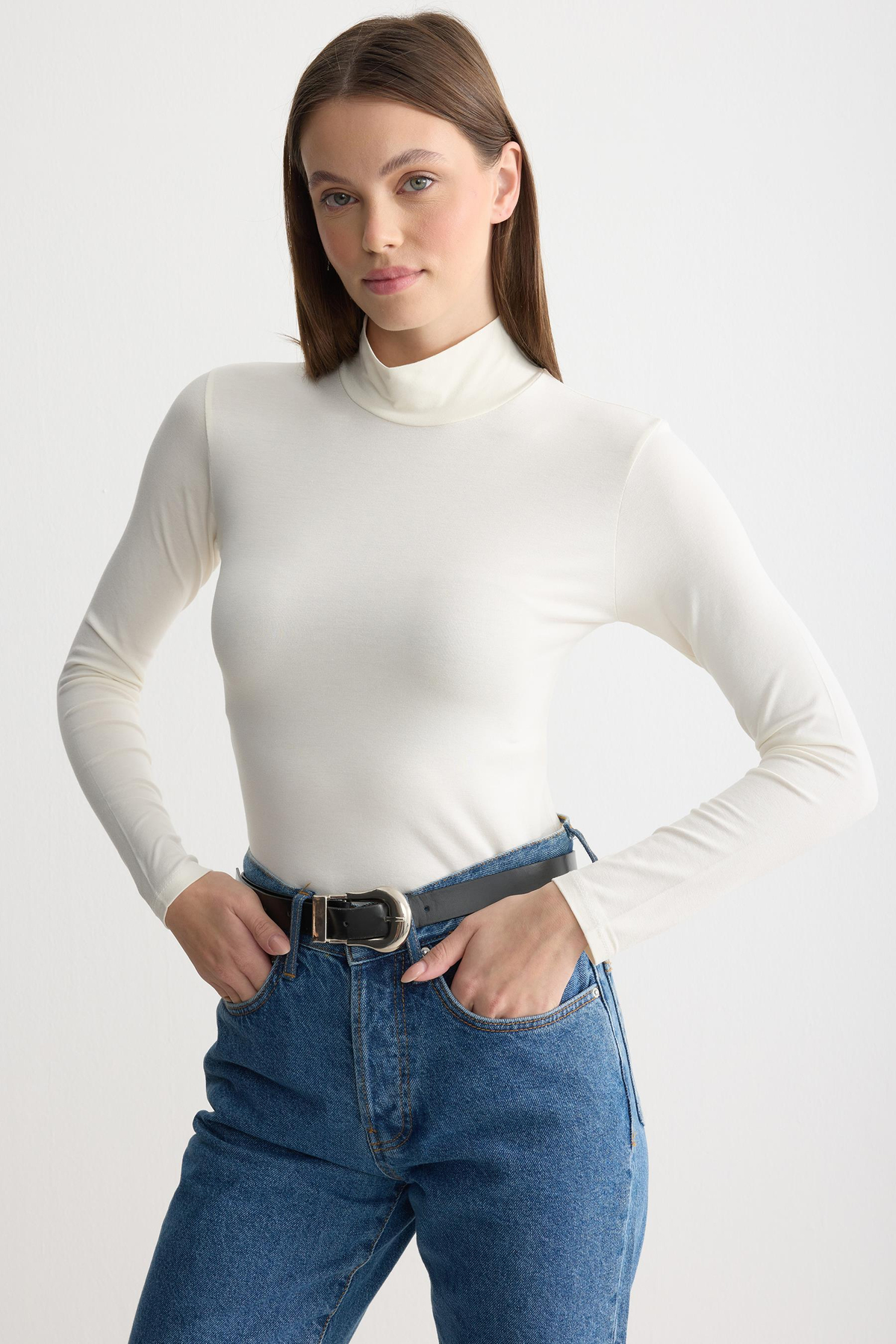 Uzun Kollu Balıkçı Yaka Penye Body Ekru