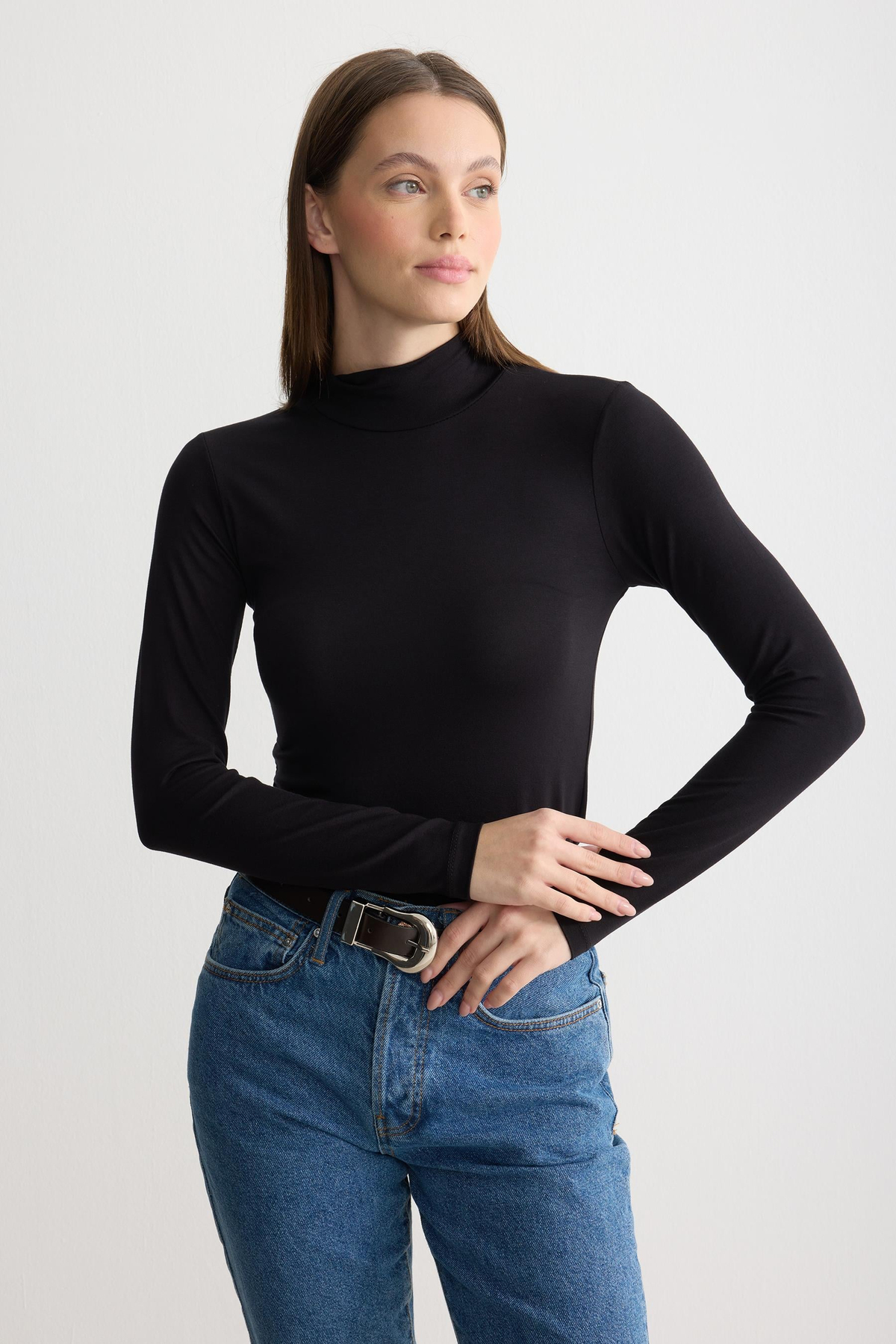 Uzun Kollu Balıkçı Yaka Penye Body Siyah