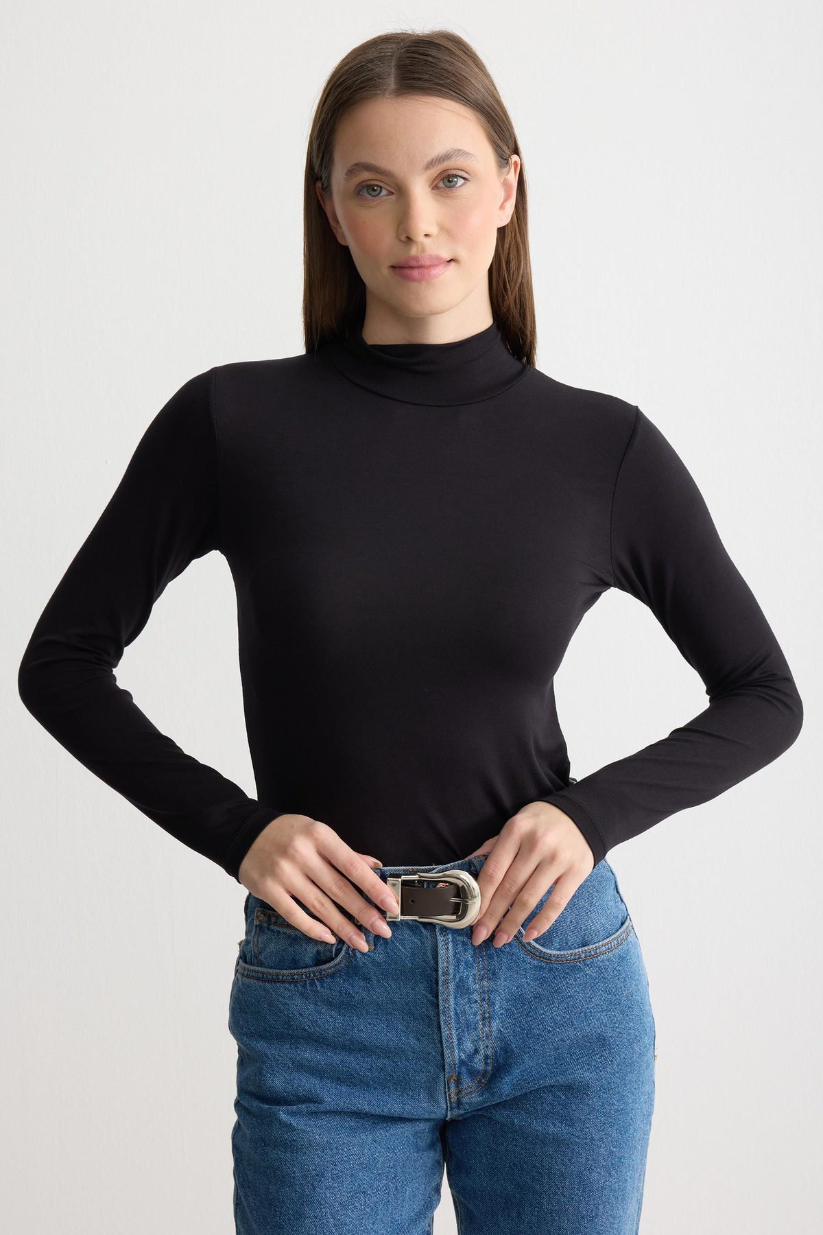 Uzun Kollu Balıkçı Yaka Penye Body Siyah