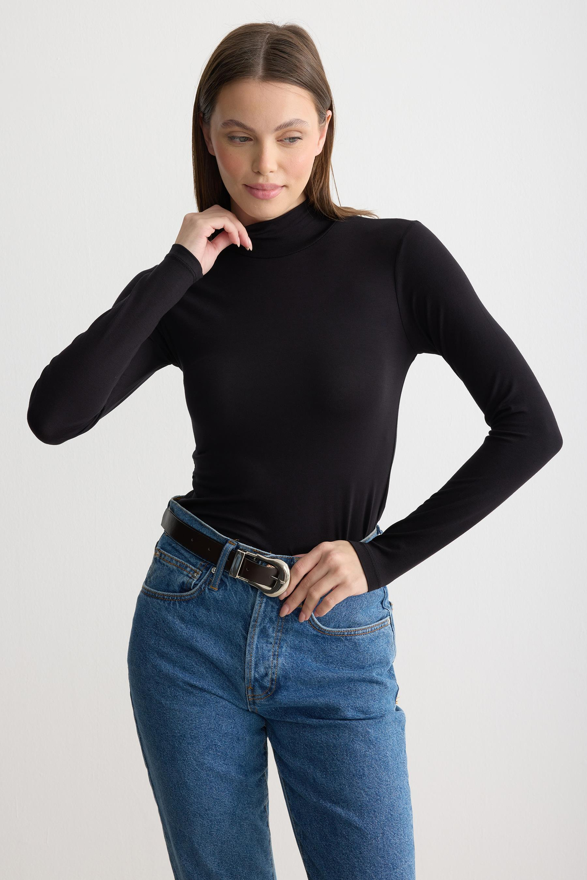 Uzun Kollu Balıkçı Yaka Penye Body Siyah