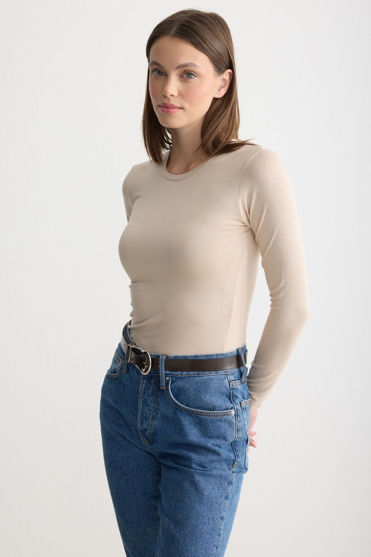 Uzun Kollu Bisiklet Yaka Penye Body Bej