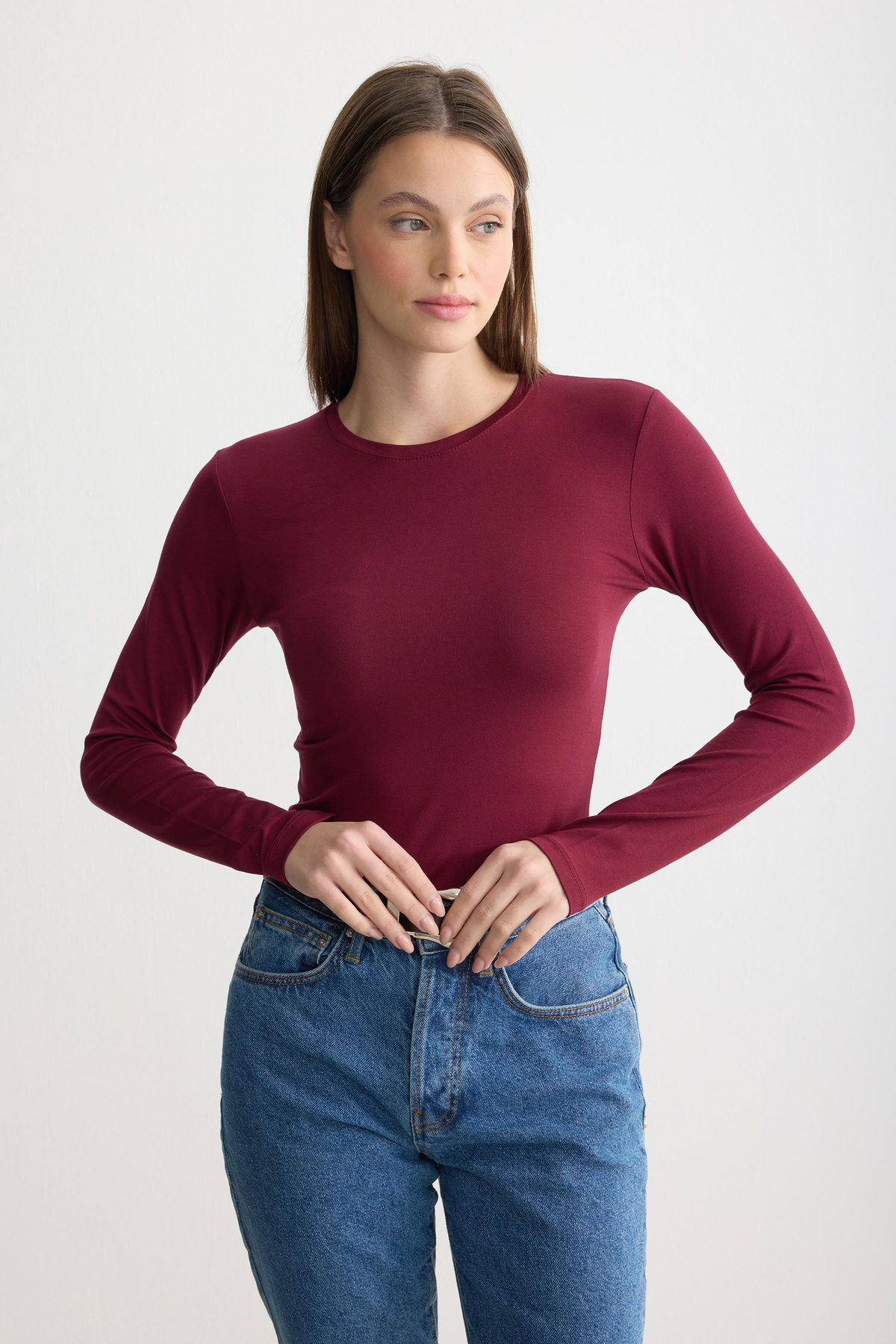 Uzun Kollu Bisiklet Yaka Penye Body Bordo