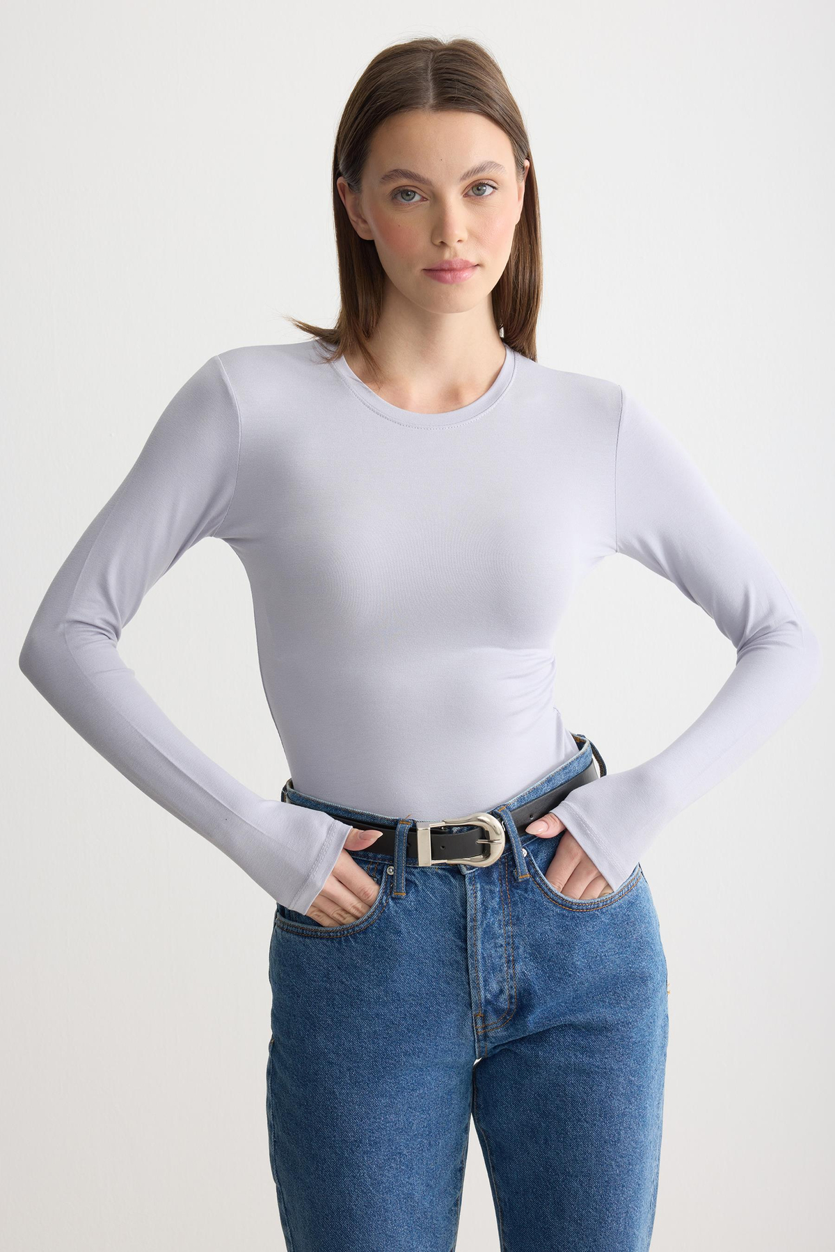 Uzun Kollu Bisiklet Yaka Penye Body Gri