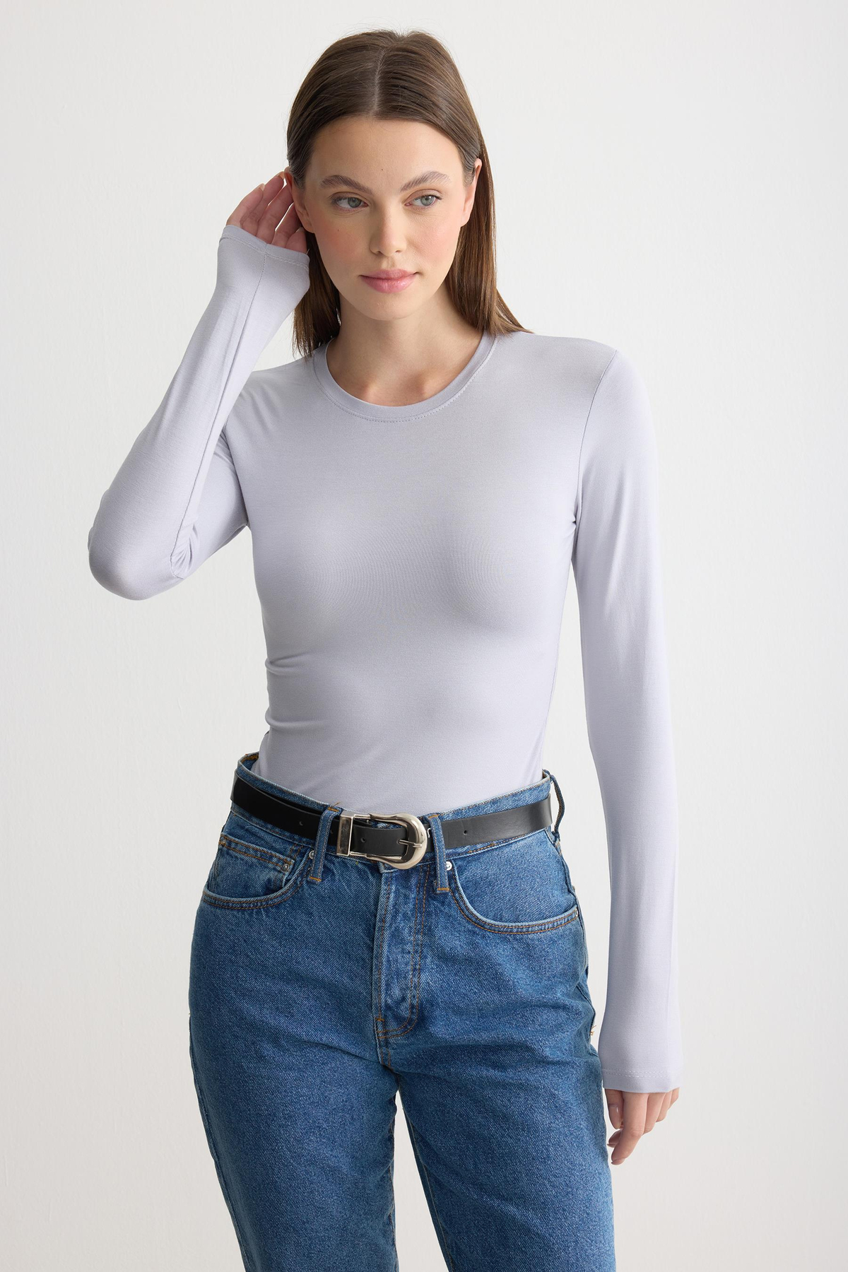 Uzun Kollu Bisiklet Yaka Penye Body Gri