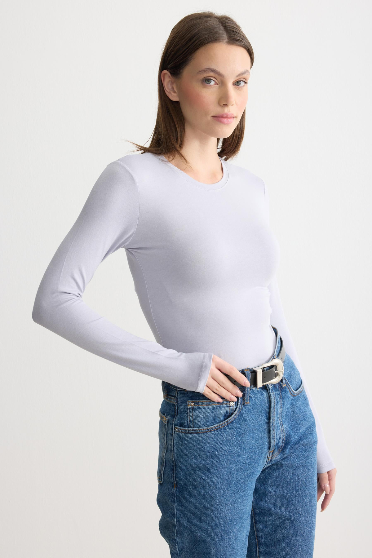 Uzun Kollu Bisiklet Yaka Penye Body Gri
