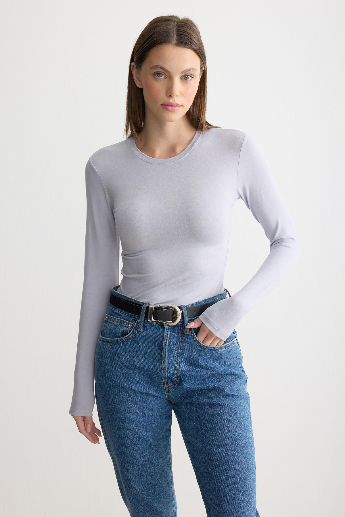 Uzun Kollu Bisiklet Yaka Penye Body Gri