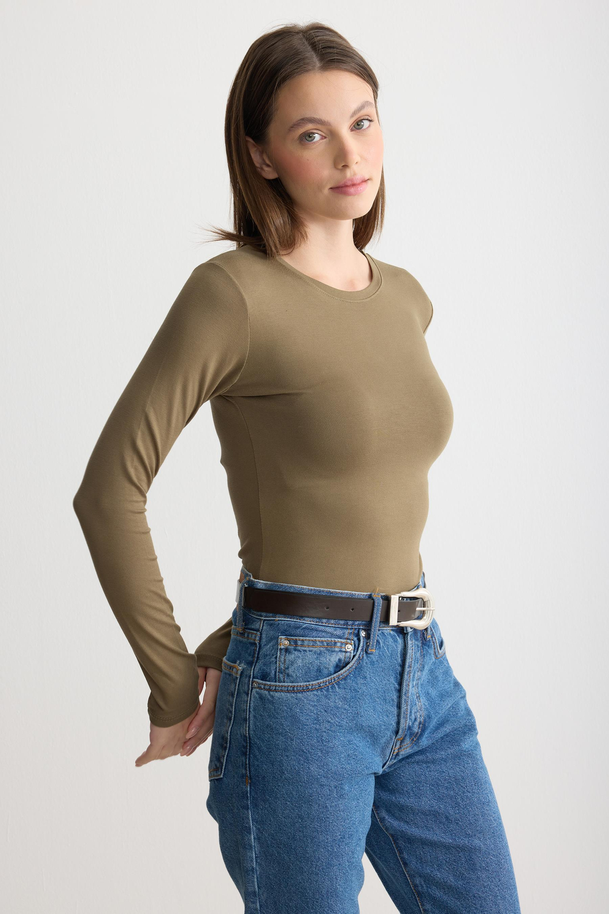 Uzun Kollu Bisiklet Yaka Penye Body Haki