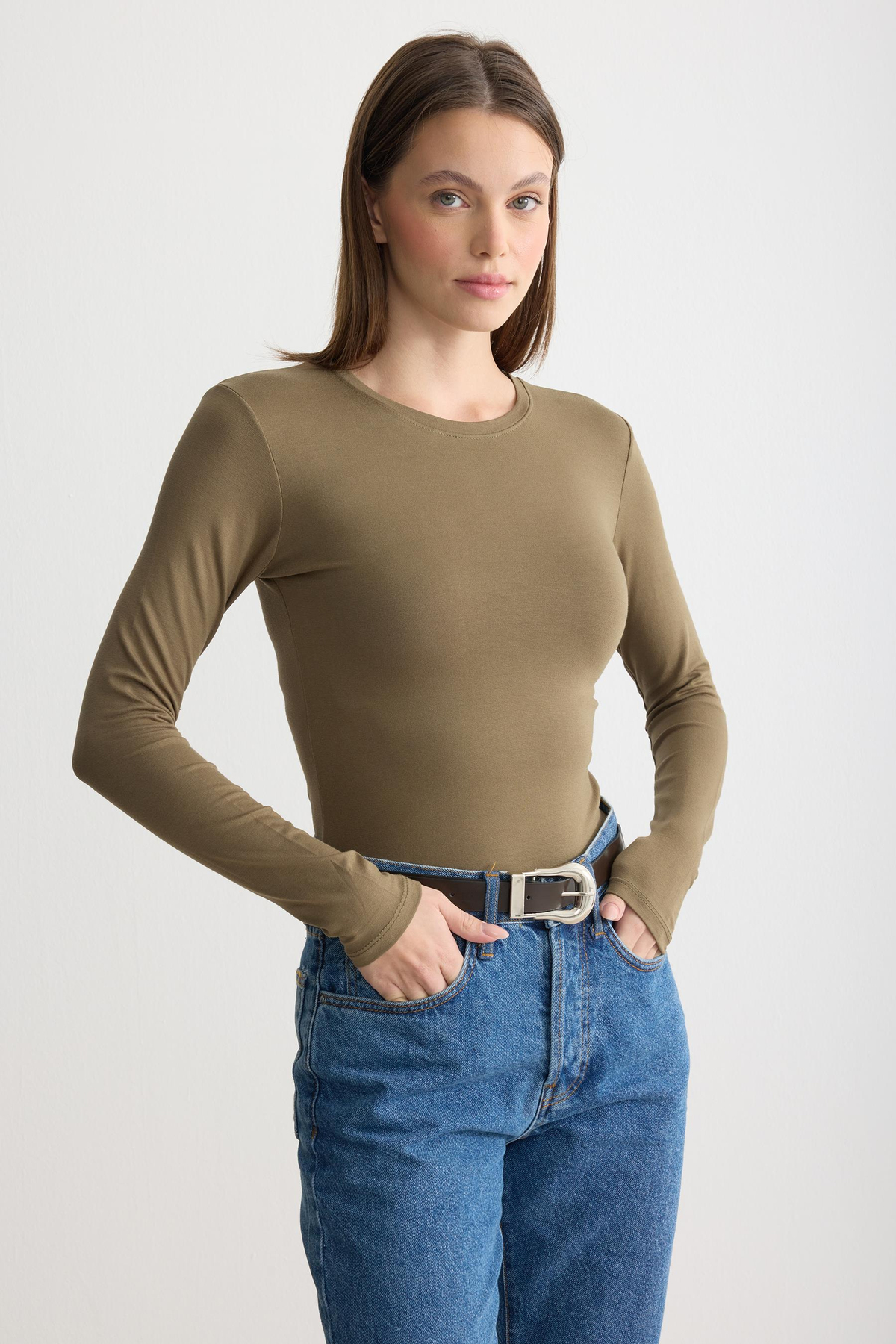 Uzun Kollu Bisiklet Yaka Penye Body Haki