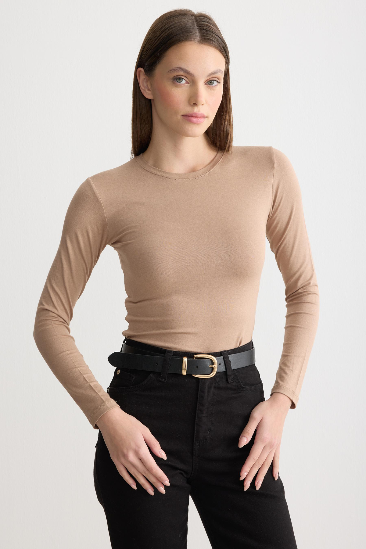 Uzun Kollu Bisiklet Yaka Penye Body Latte